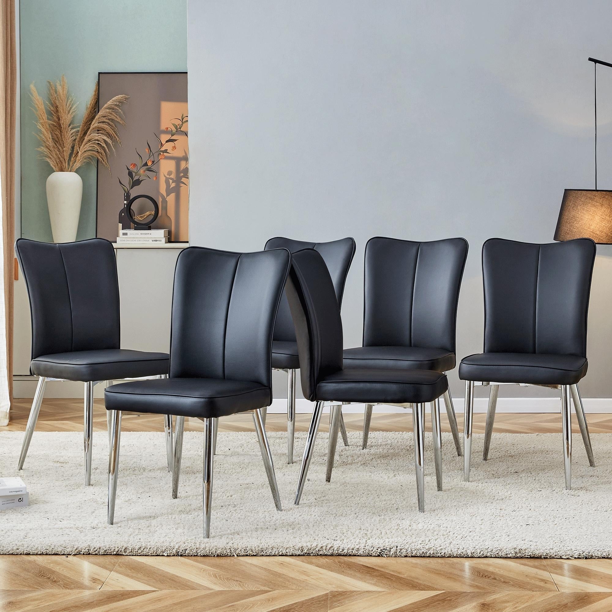 Modern Minimalist Dining Chairs Pu Leather Curved Backrest And Seat Cushions Electroplated Metal Chair Legs Set Of 6 Chairs