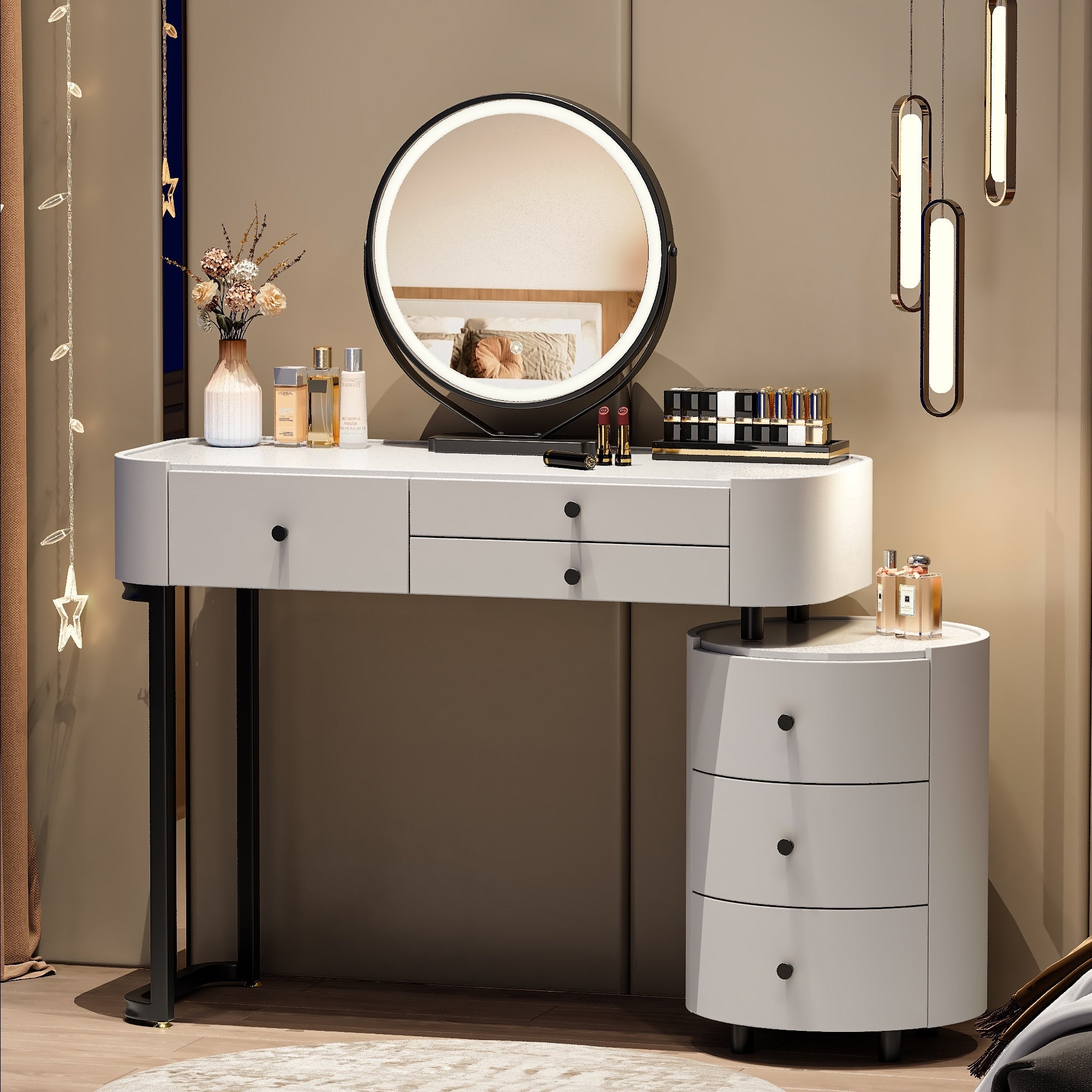 Modern Minimalist Dressing Table With Detachable Mirror And Rotatable Side Cabinet Makeup Table Easy Assembly Vanity