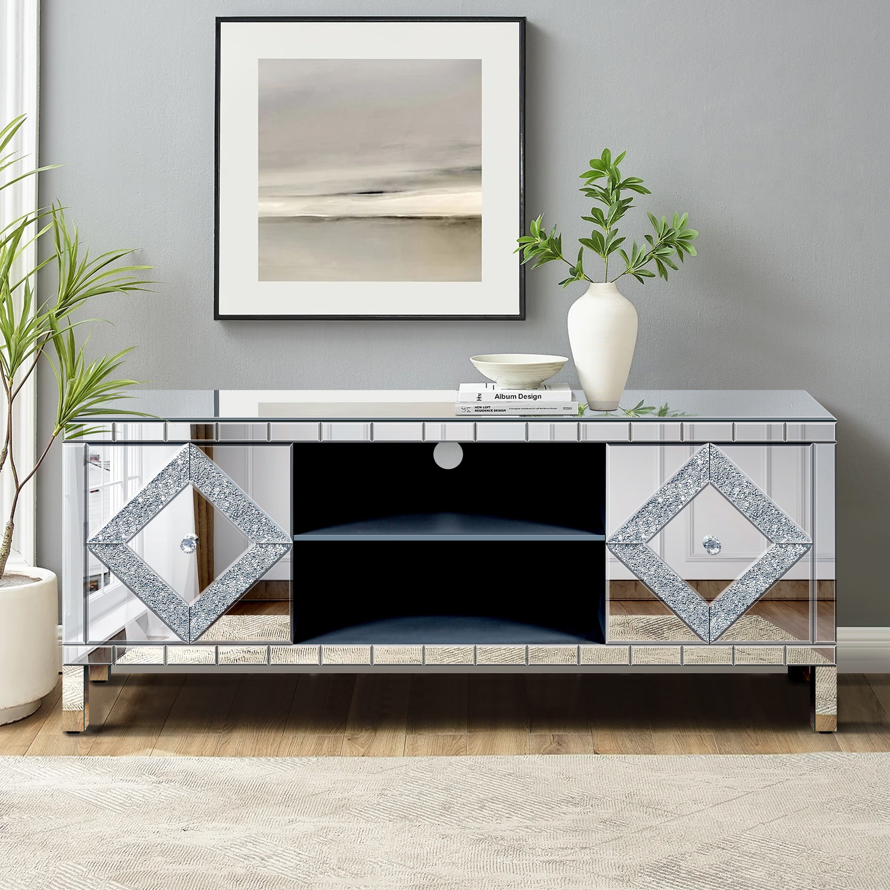 Modern Mirrored Tv Media Console With Diamond Glass Doors And Open Storage Silver By Gdfstudio
