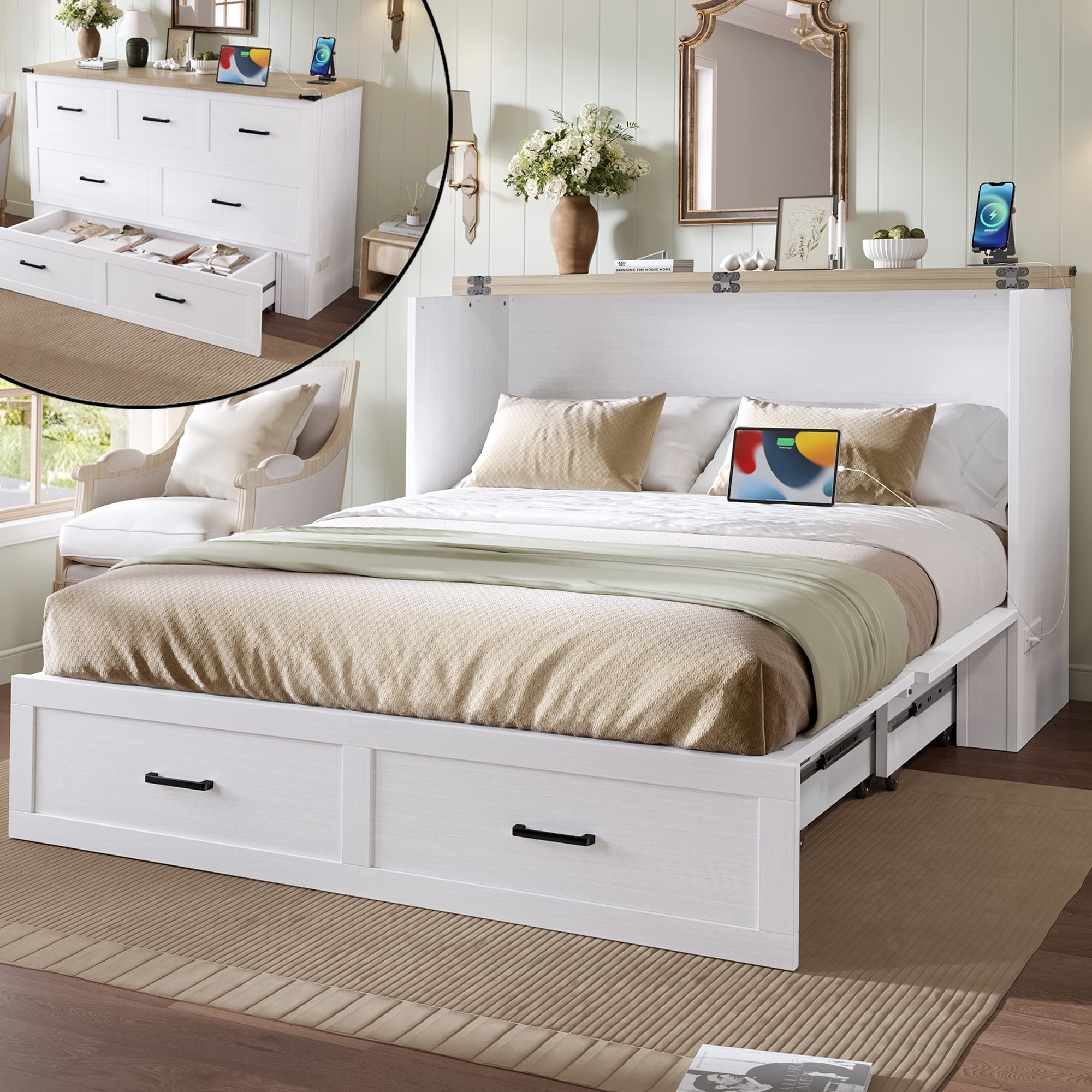 Modern Murphy Bed Cabinet Bed With Drawer Charging Station