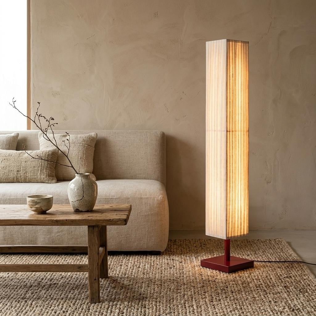 Modern Natural Linen Wood Column Floor Lamp With Square Base