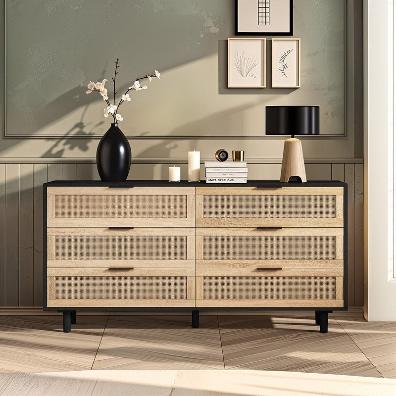 Modern Natural Rattan 6 Drawer Storage Cabinet Mdf Frame 59.06 L For Bedroom Or Living Room