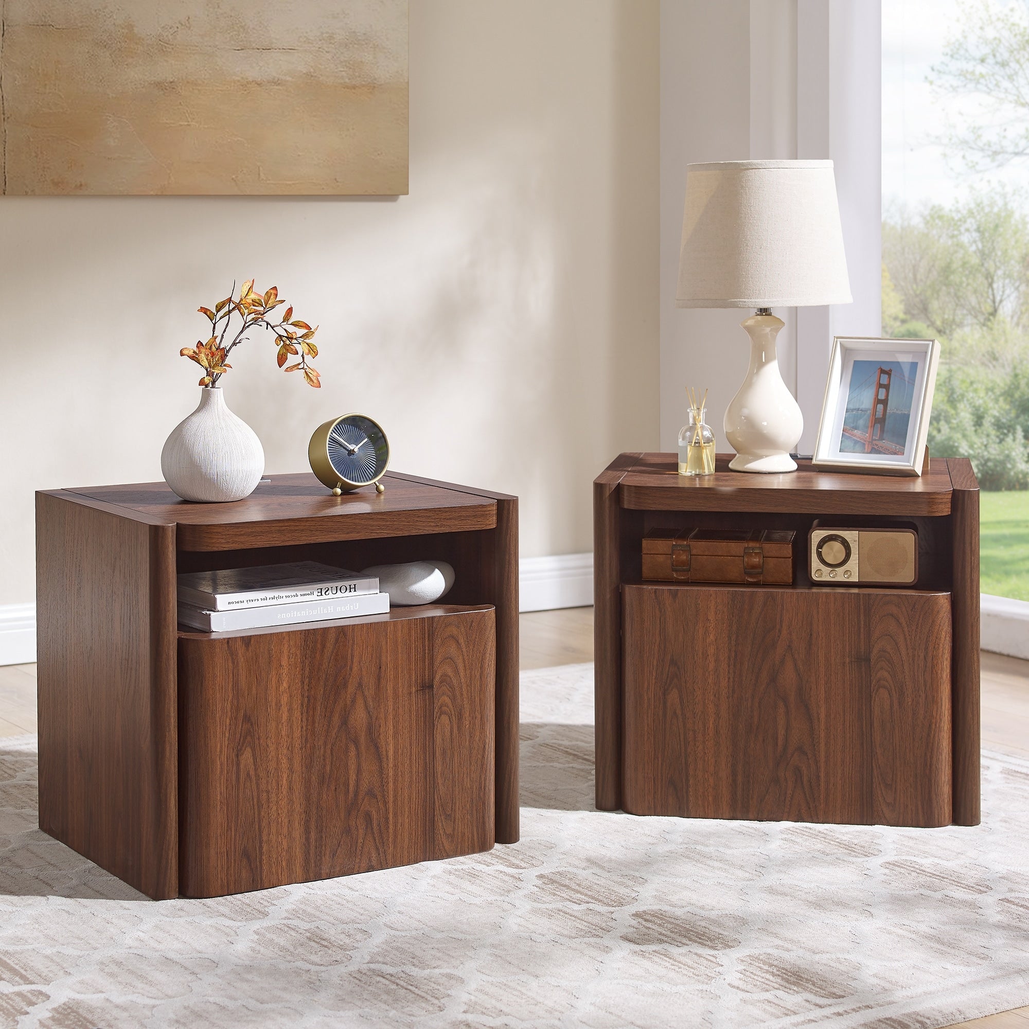 Modern Nightstand Set Of 2 With Charging Station Wood End Table