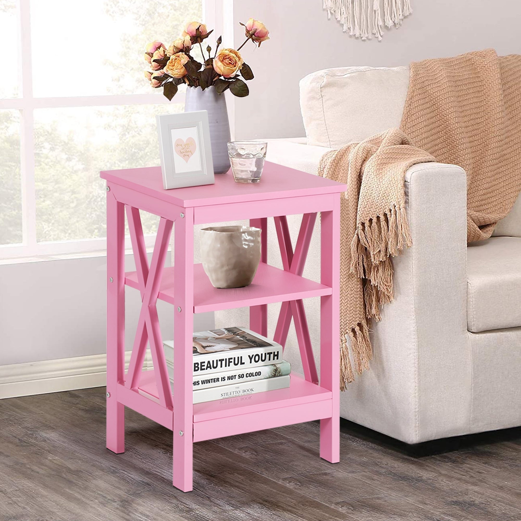 Vecelo End Bedside Table Nightstand Storage Room Decor W 2 Shelf