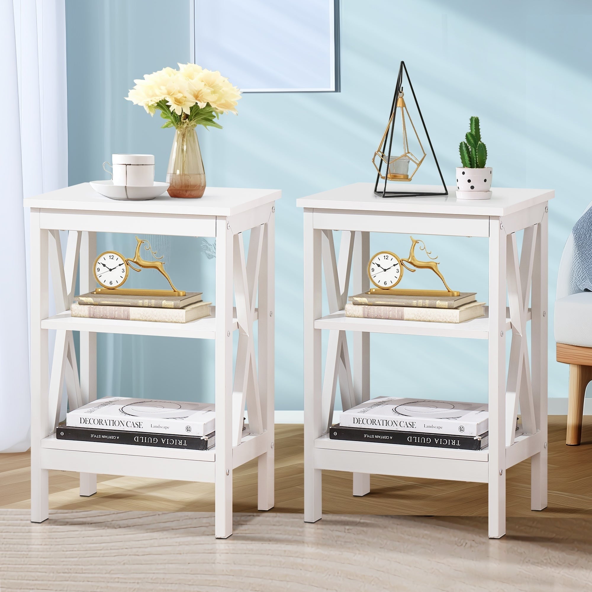 Vecelo 2Pcs End Bedside Table Nightstand Storage Room Decor W 2 Shelf