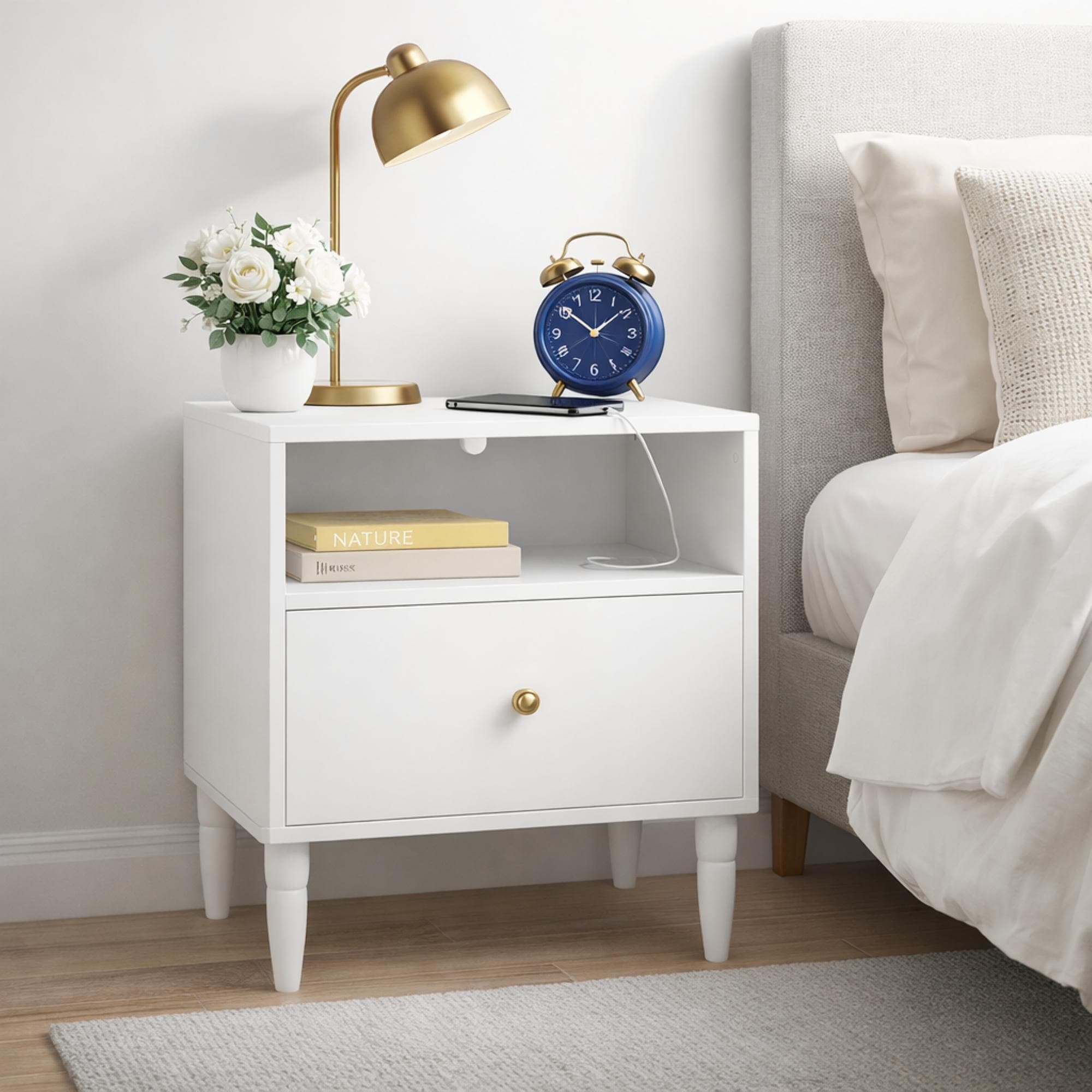 Modern Nightstand With Drawer And Open Shelf Bedside Table With Gold Knob Solid Wood Legs Small End Table For Bedroom