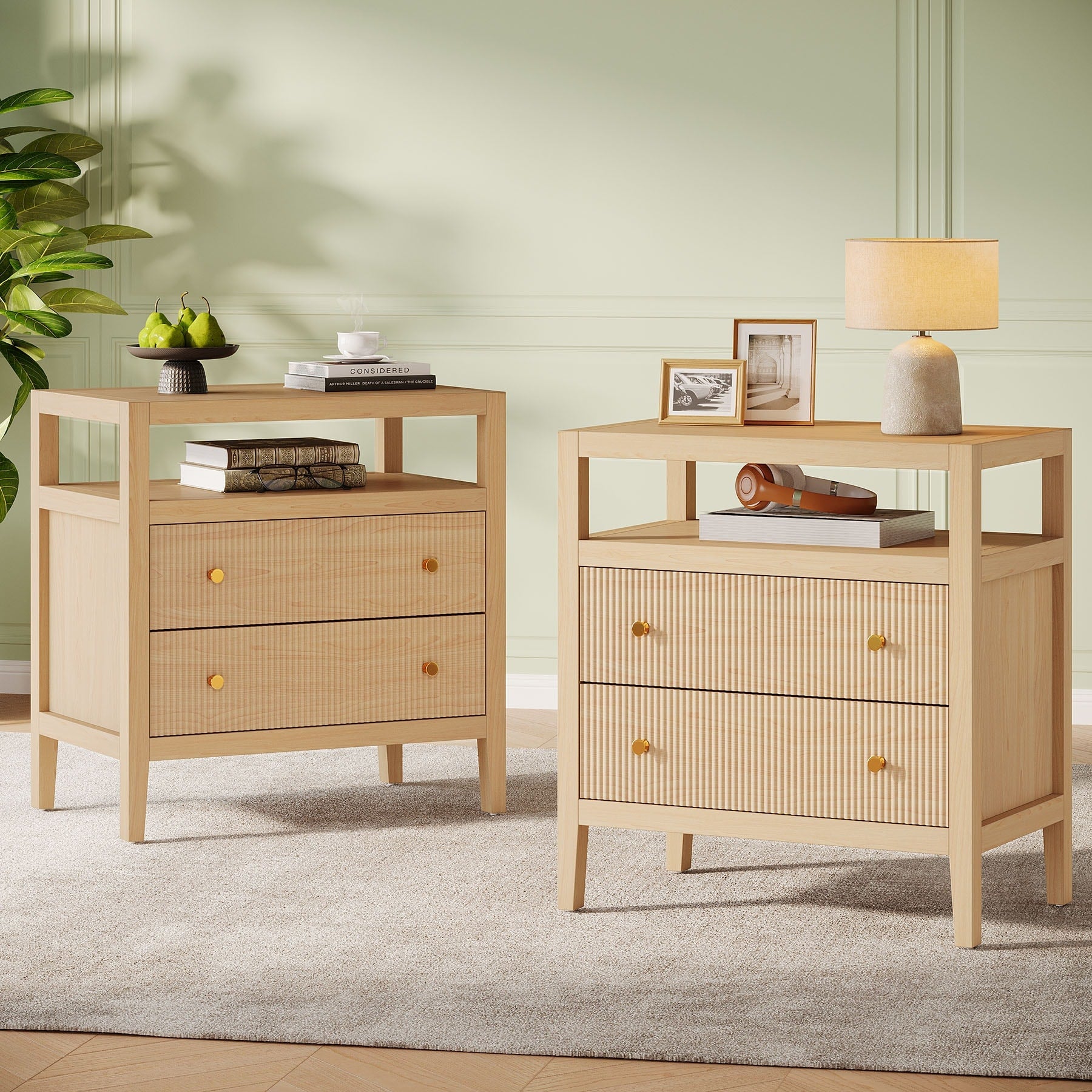 Modern Nightstand 2 Drawer Nightstand With Open Storage Shelf Bedside Table Large Night Stand For Bedroom Living Room