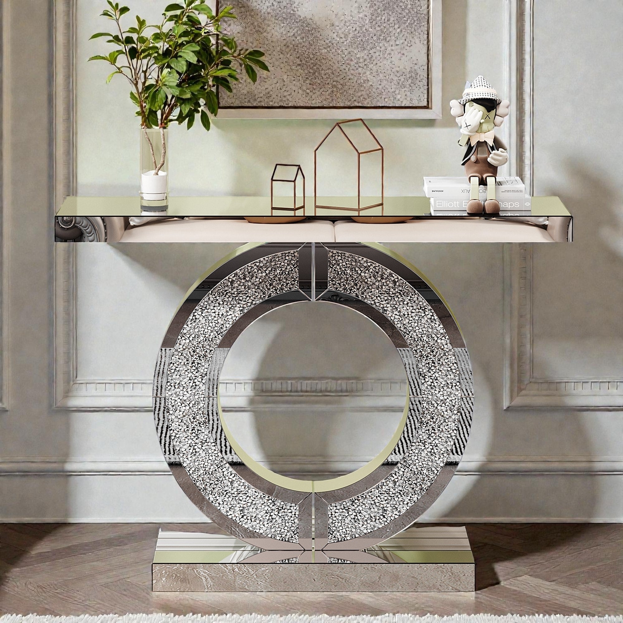 Modern O Shape Mirror Console Table With Crystal Base Glossy Mirrored Entry Hall Table For Living Room Bedroom