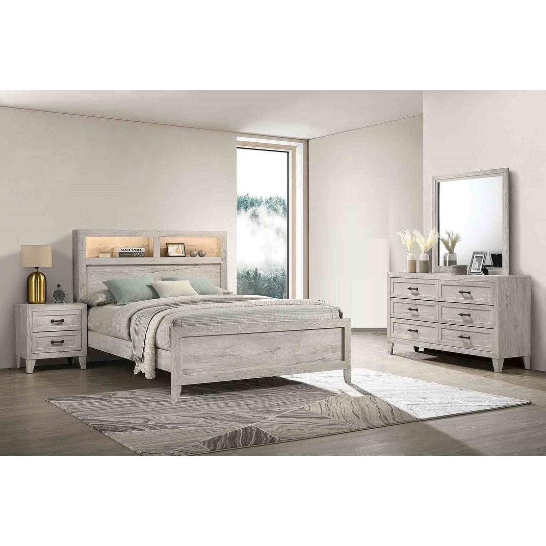 Modern Off White Finish Led Bedroom Furniture Set W Bookcase Headboard