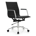 2Xhome Black Office Arm Chairs Mid Back Ribbed Pu Leather Conference With Arms Wheels Tilt Swivel Rolling On Black Base
