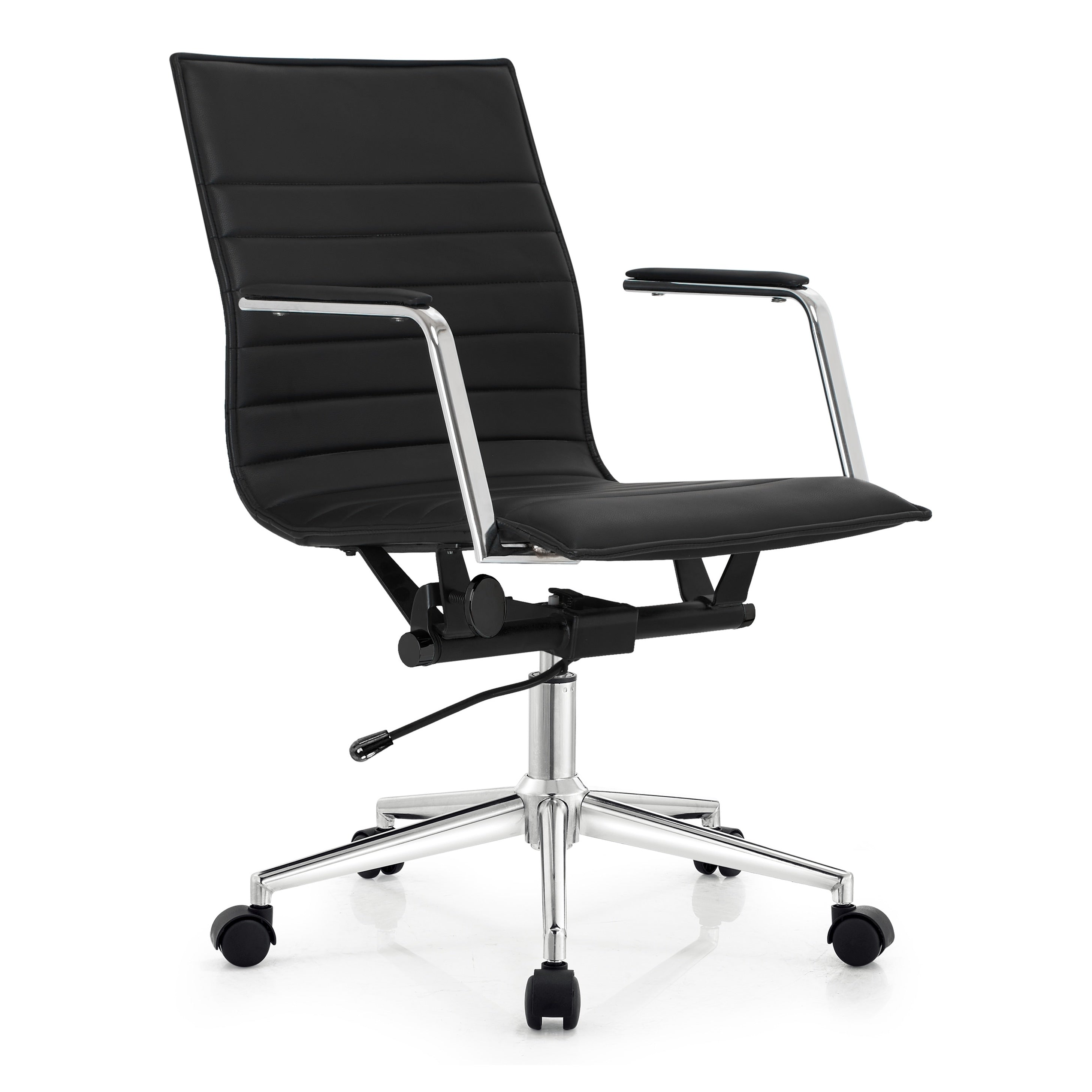 2Xhome Black Office Arm Chairs Mid Back Ribbed Pu Leather Conference With Arms Wheels Tilt Swivel Rolling On Black Base