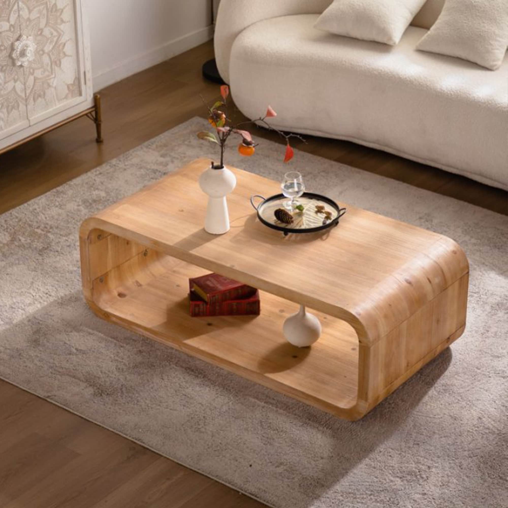 Modern Open Frame Elegant Curved Light Wood Coffee Table With Open Storage For Contemporary Living Rooms
