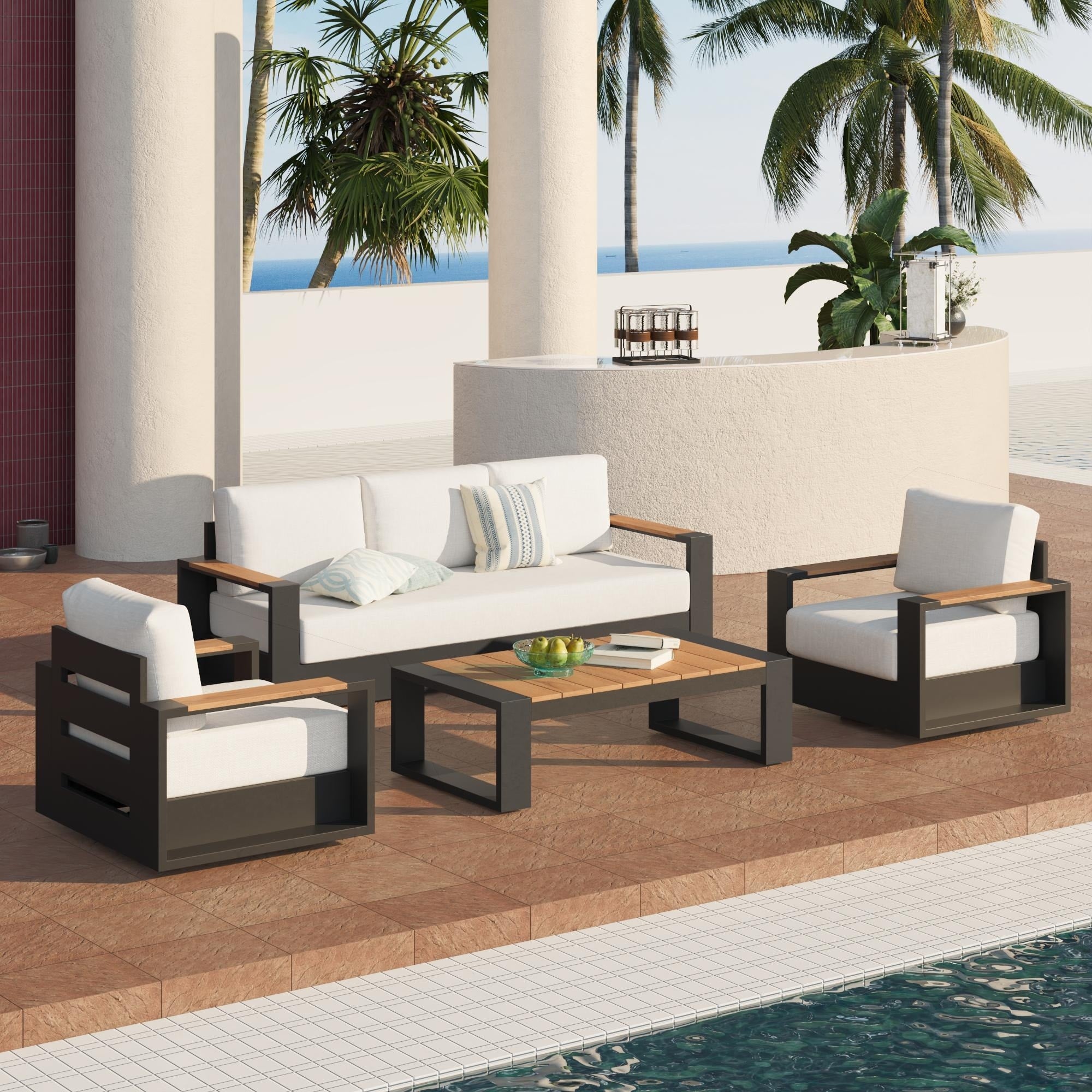 Modern Outdoor Aluminum 4 Piece Conversation Set With Thick Polyethylene Cushions