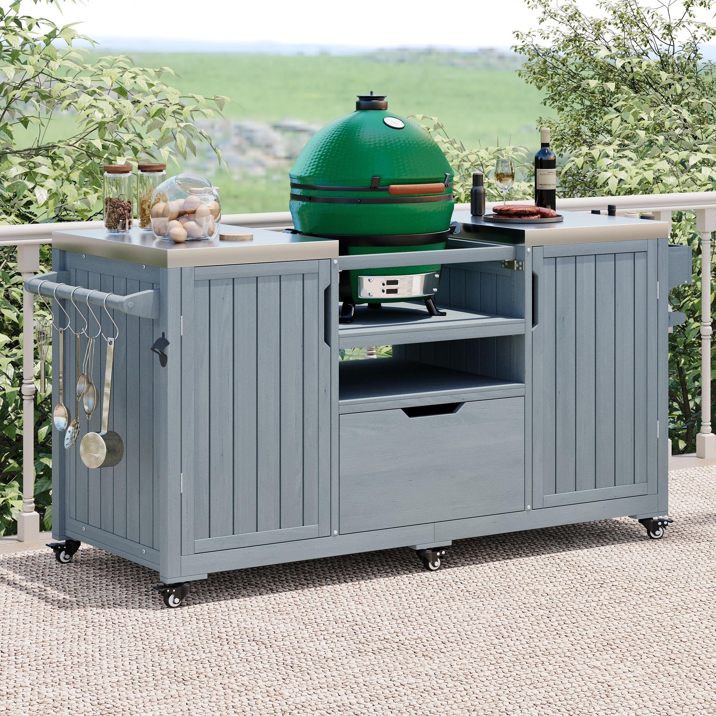 Modern Outdoor Kitchen Island Grill Cart With Drawer Grey Blue Rolling Island Table Serving Cart With Spice Rack