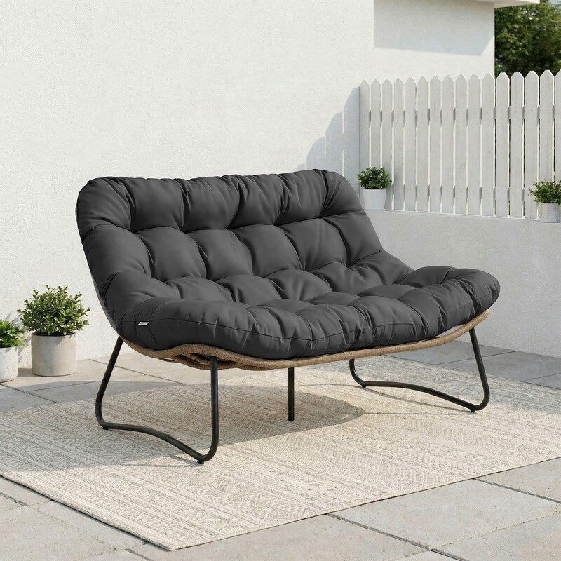 Modern Outdoor Papasan Loveseat With 5.5 Extra Thick Cushion 2 Person Patio Lounge Egg Chair For Balcony Garden