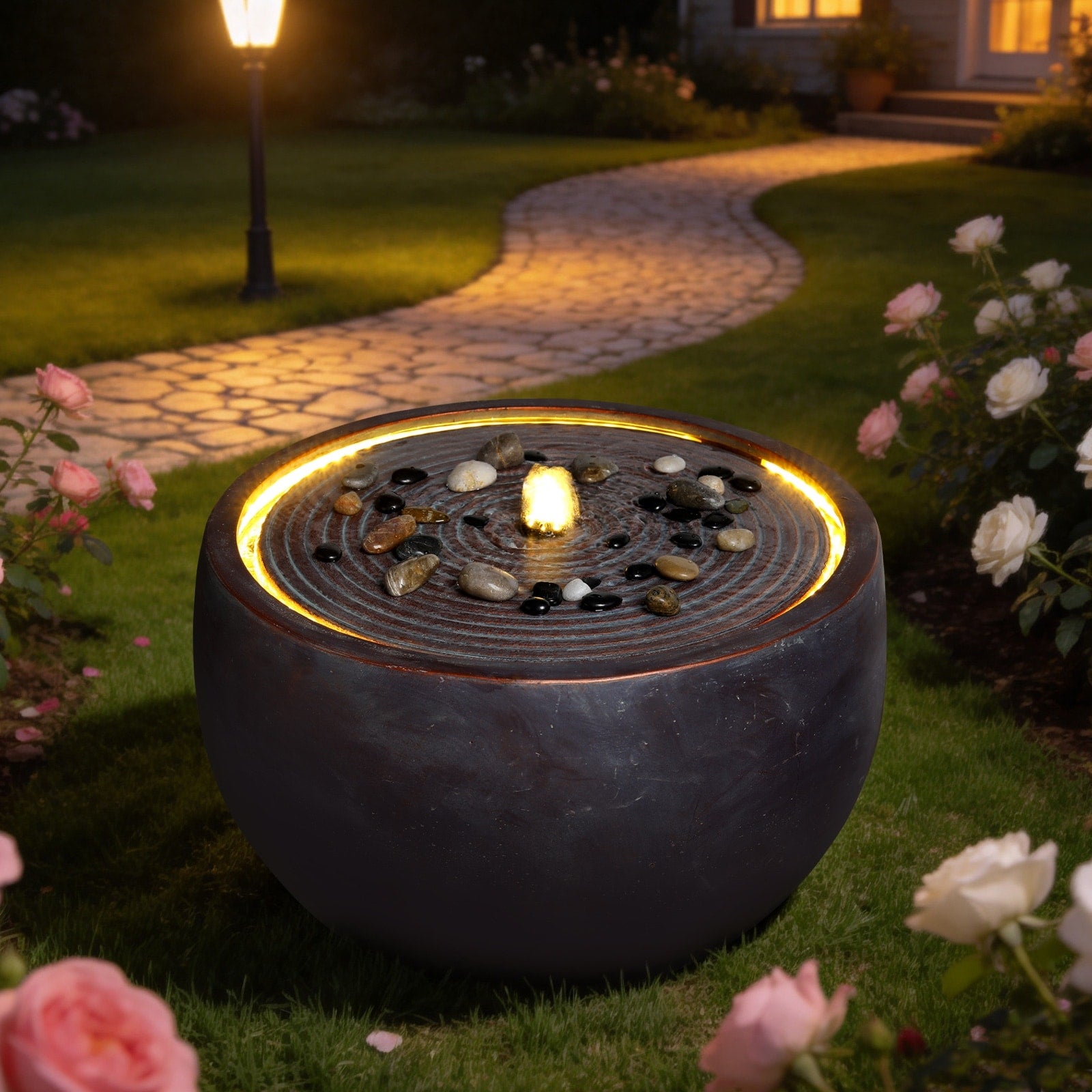 Modern Outdoor Water Fountain Bowl Style Ripple Top Resin Water Feature For Patio Yard Garden Landscape