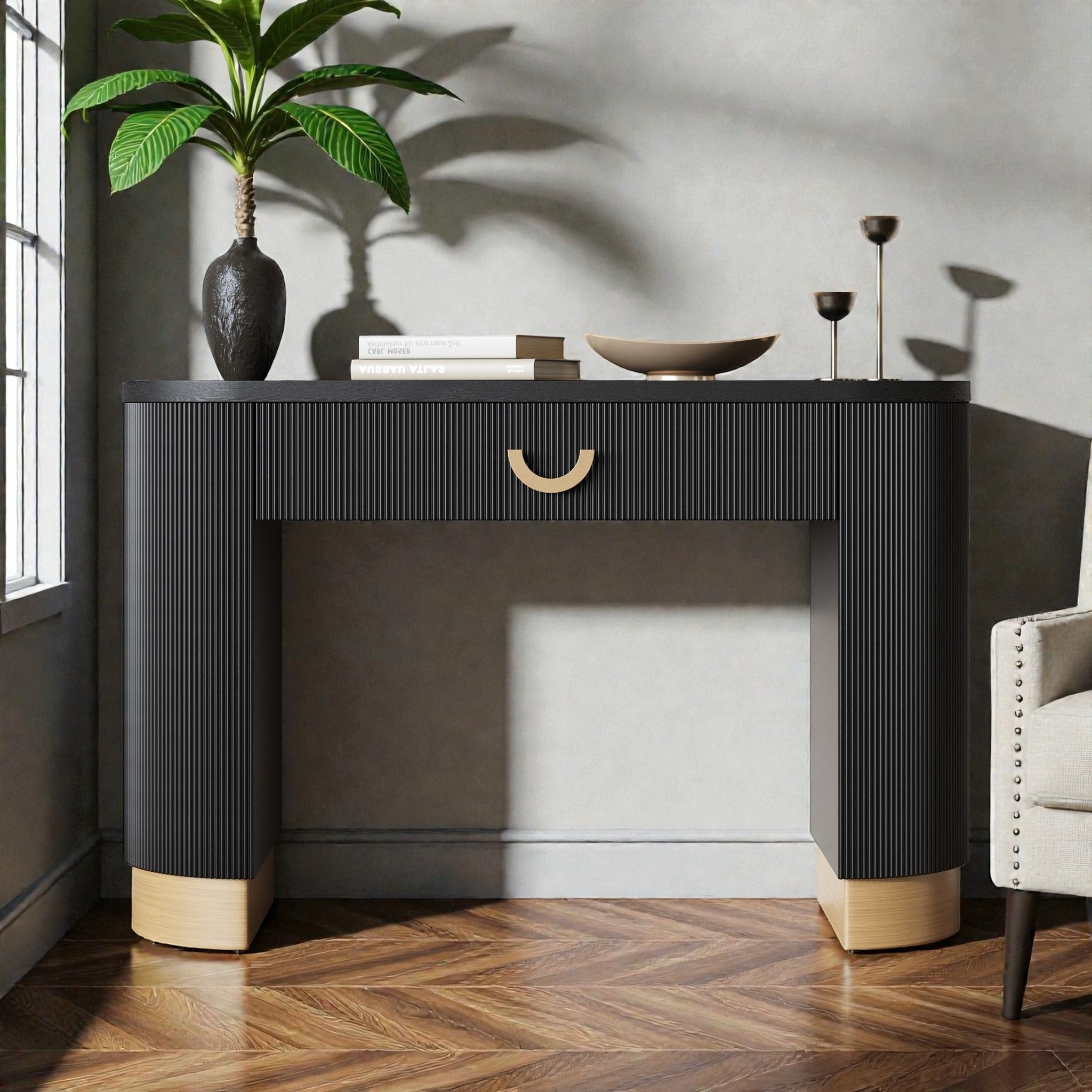 Modern Oval Console Table With Vertical Ribbed Design Drawer Storage Solid Base Entryway Table For Living Room