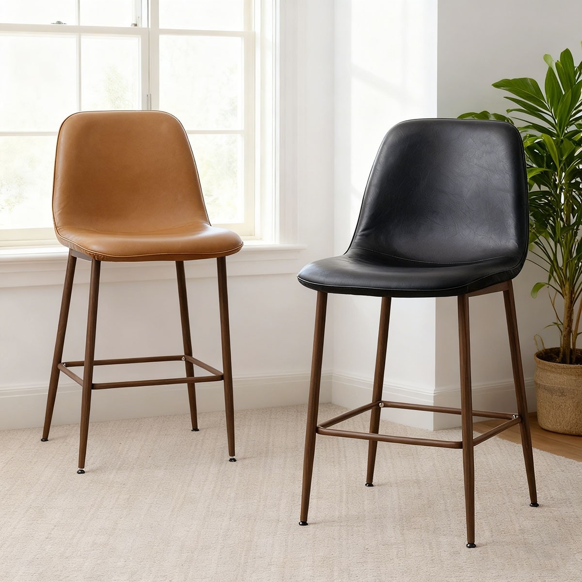 Modern Pu Leather Counter Height Bar Stools With Walnut Wood Grain Metal Legs Set Of 3