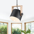Modern Pendant Light Adjustable Acacia Wood Frame Deep Cylinder Shade Dia.8.27 In