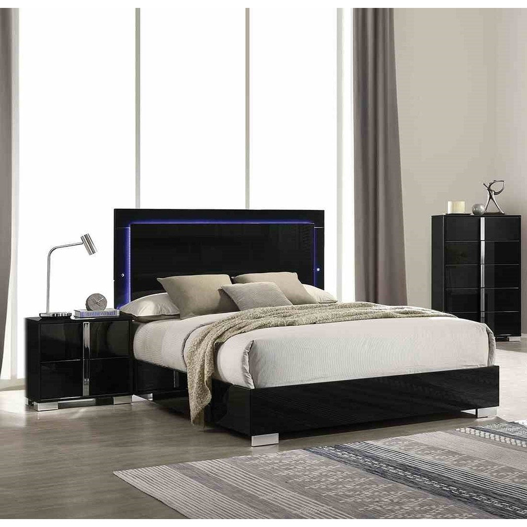 Modern Piano Black Finish Led Bedroom Set Crome Legs 3Pc Bedroom Set