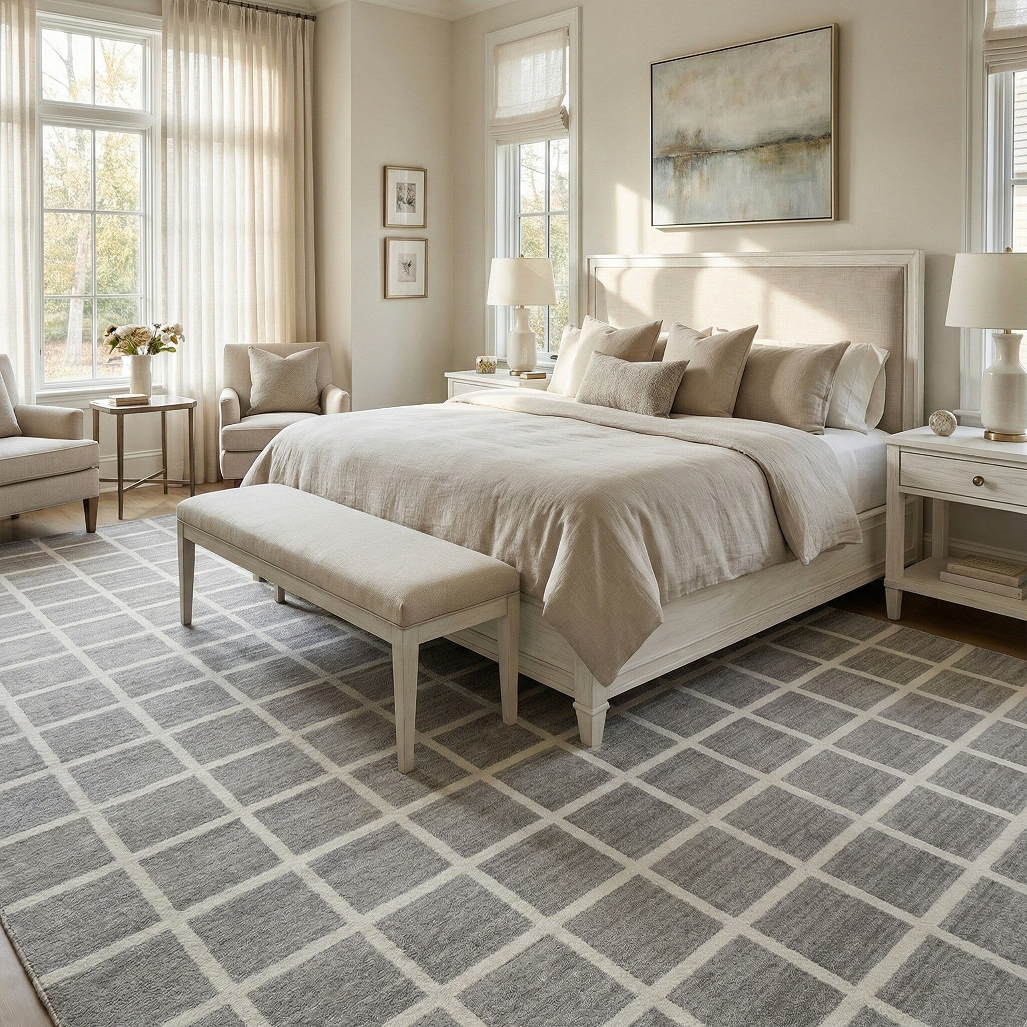 Modern Plaid Checkered Geometric Area Rug Faux Wool Washable Oeko Tex Certified