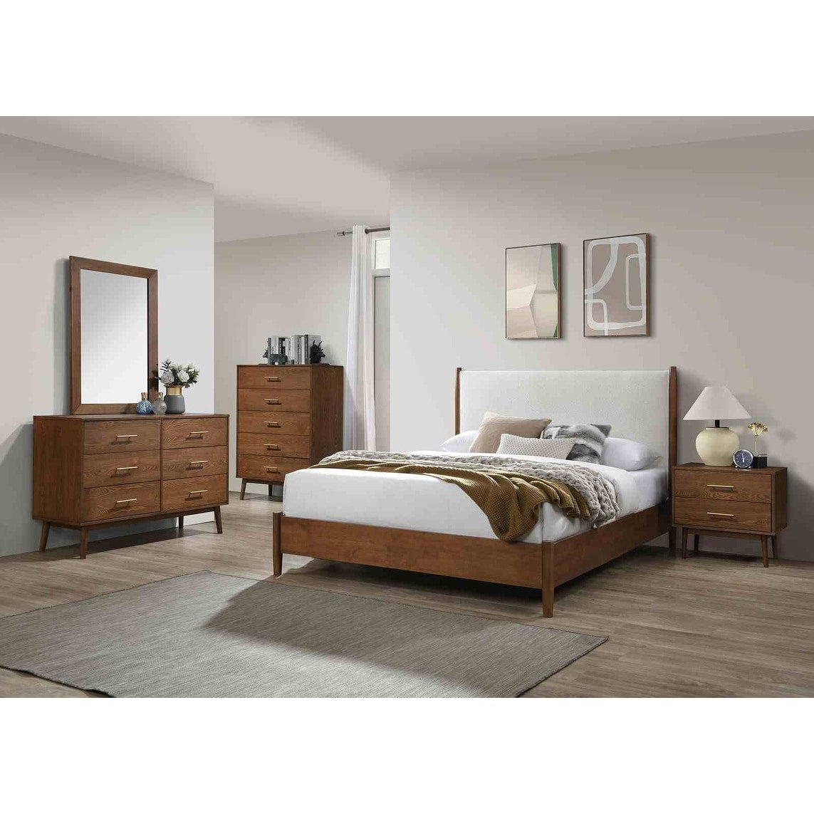 Modern Platform Bed Nightstand Dresser Mirror Chest Bedroom Set Walnut Finish