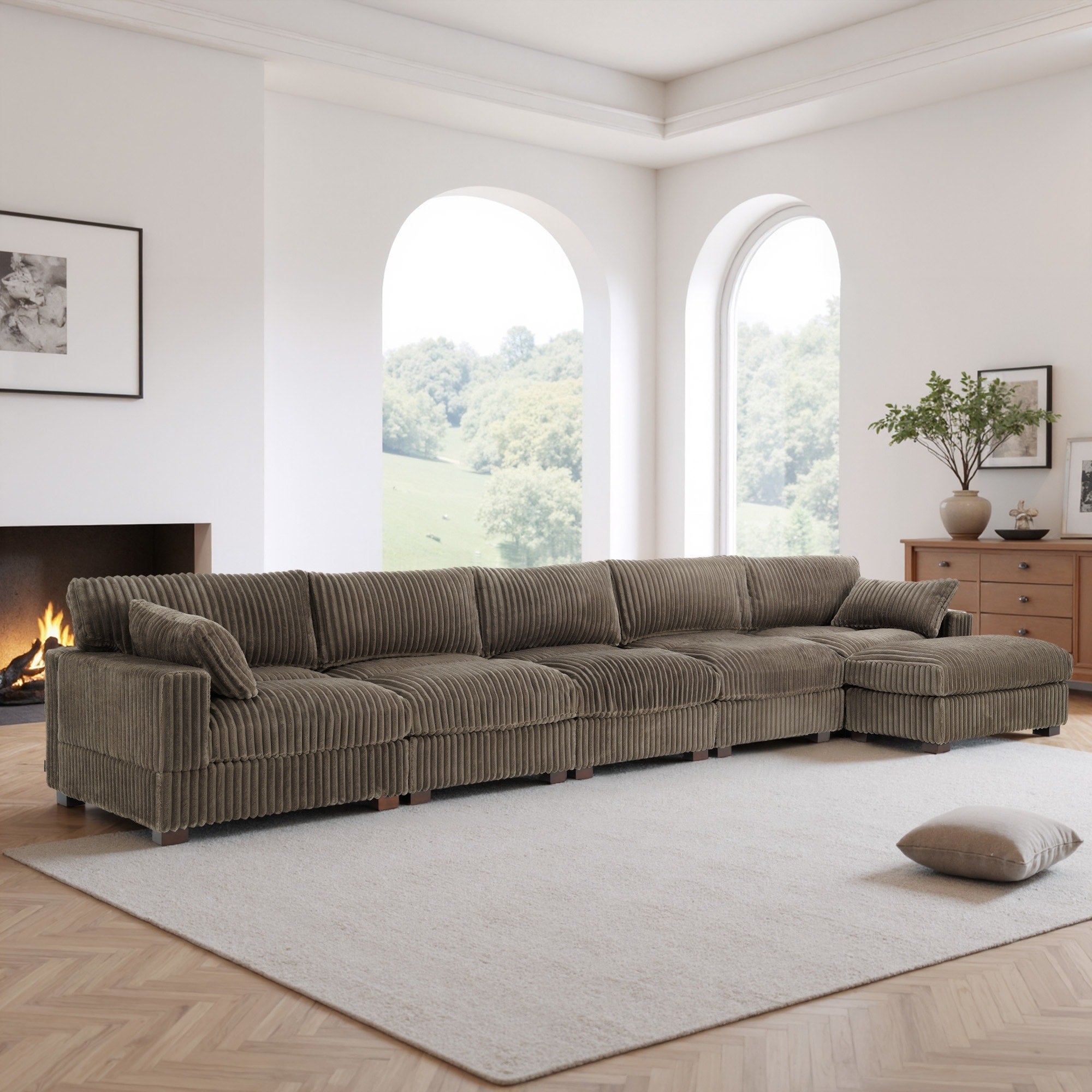 Modern Plush Corduroy Fabric Modular Sectional Sofa With Ottoman