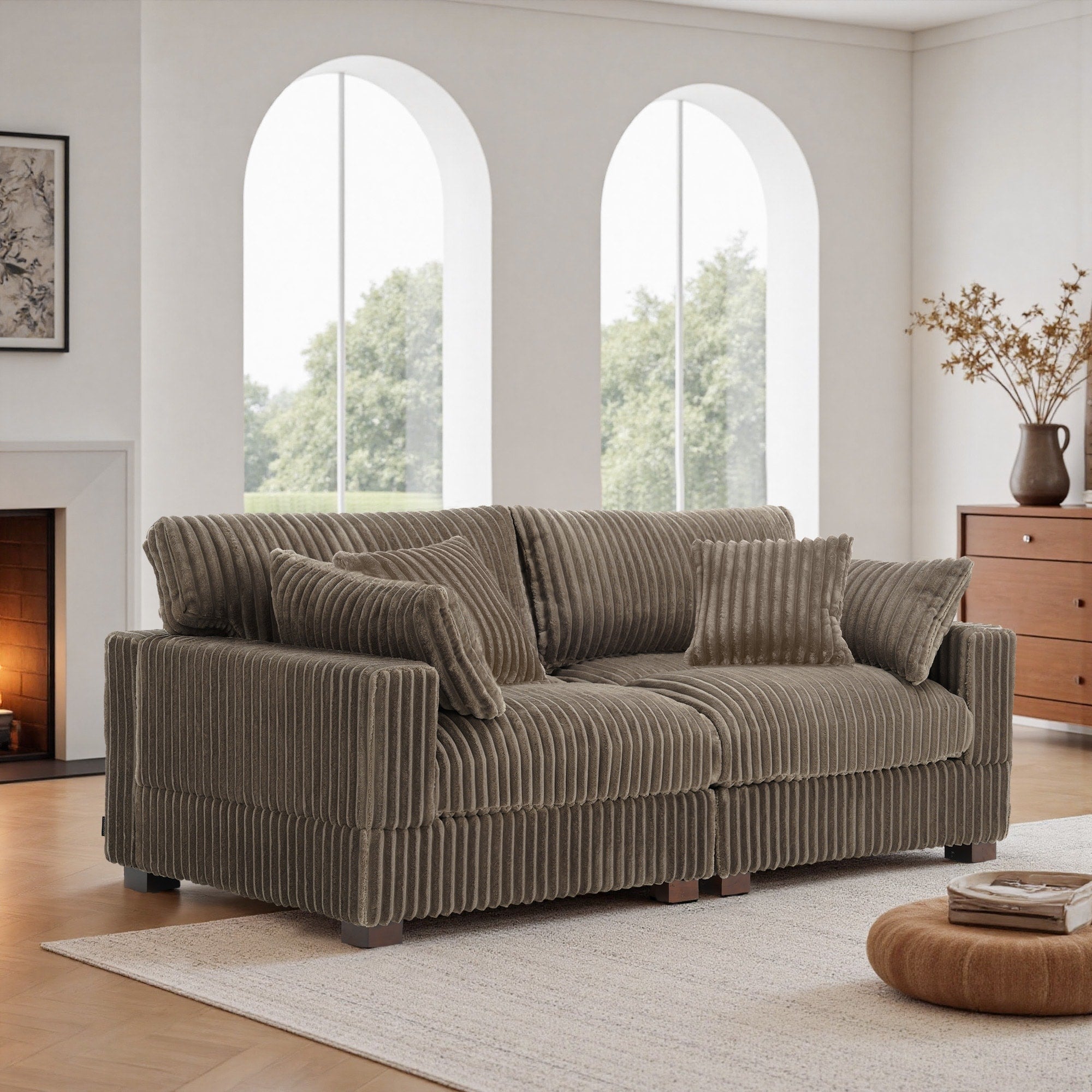 Modern Plush Corduroy Loveseat Sofa Couch With Pillows