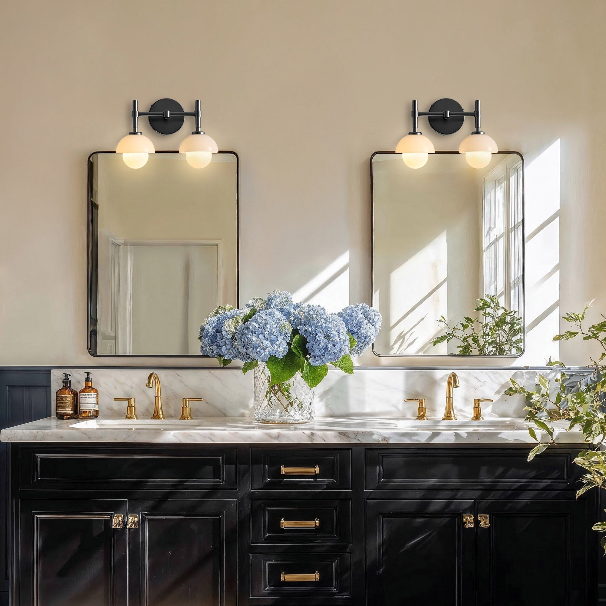 Lily Pod Double Armed Sconce Metal Glass Matte Black Ivory White 2 Light Sconce For Bathroom Or Hallway In Modern Style
