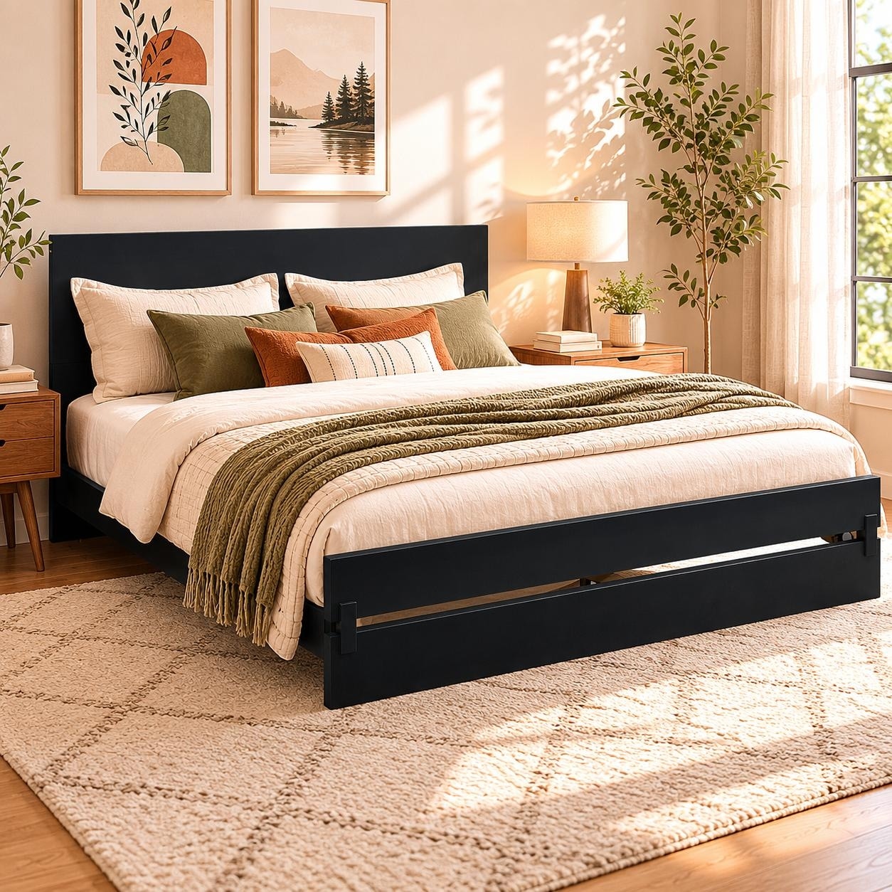 Modern Queen Bamboo Platform Bed Frame With Tall Panel Headboard By Harper Bright Designs