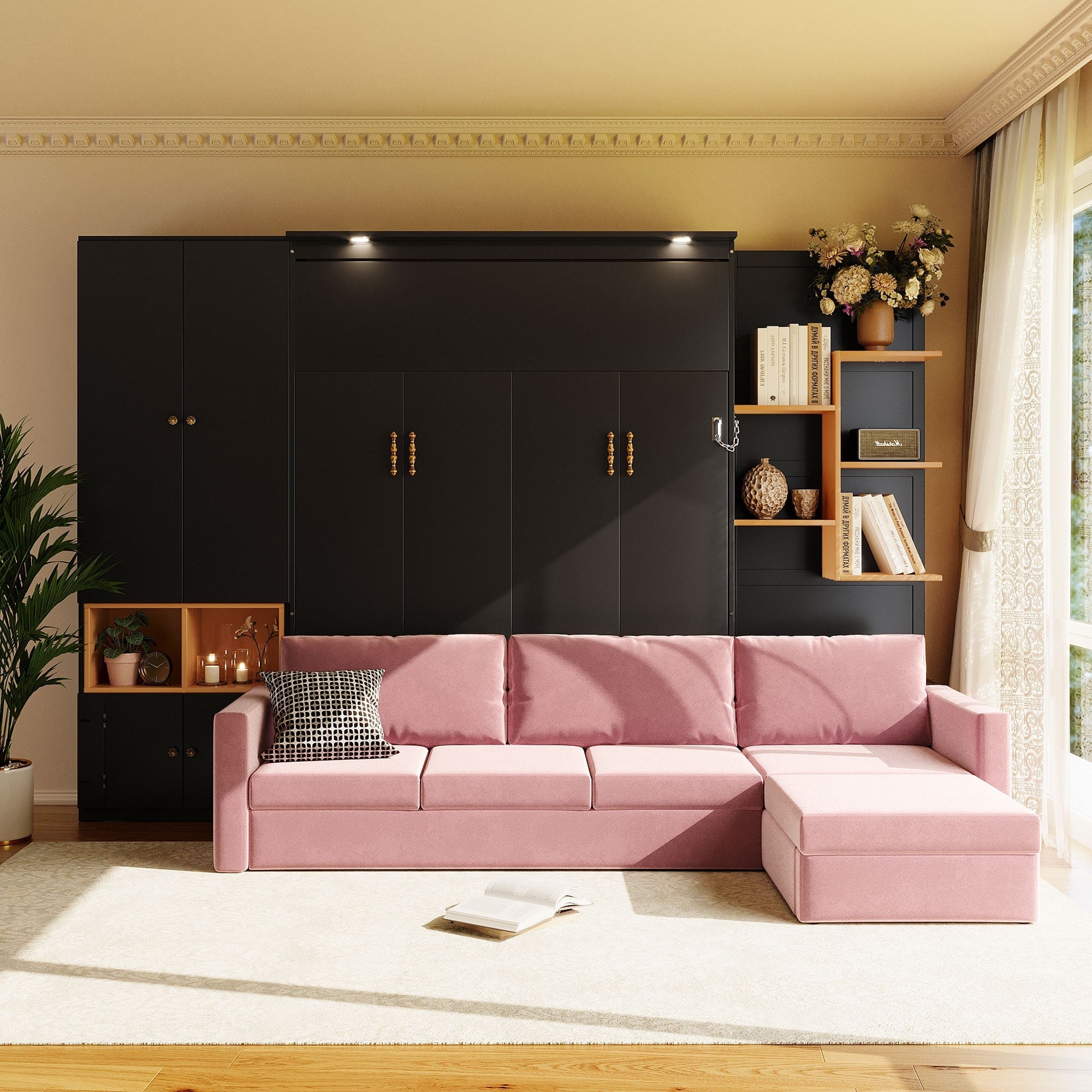 Modern Queen Murphy Bed With Sofa Storage Shelves Space Saving Wall Bed With Integrated Led Lights