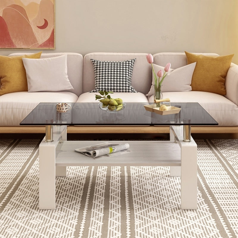 Modern Rectangle Coffee Table With Transparent Tempered Glass Top And Mdf Layer For Living Room