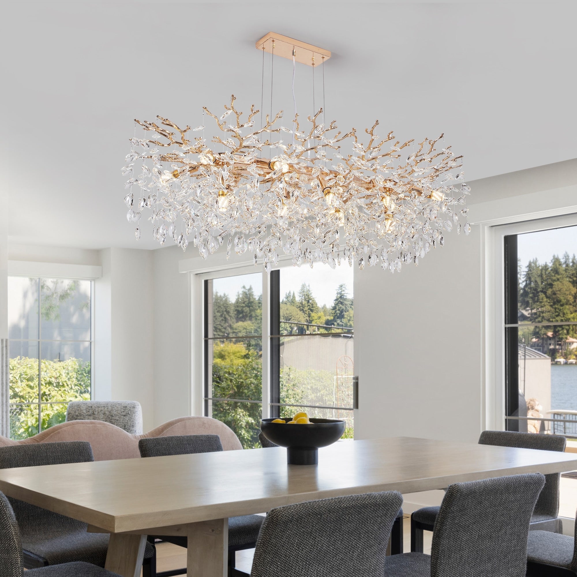 Modern Rectangular Chandelier 49.2 Gold Crystal Tree Branch Chandelier 14 Lights Luxury Raindrop Light For Dining Room