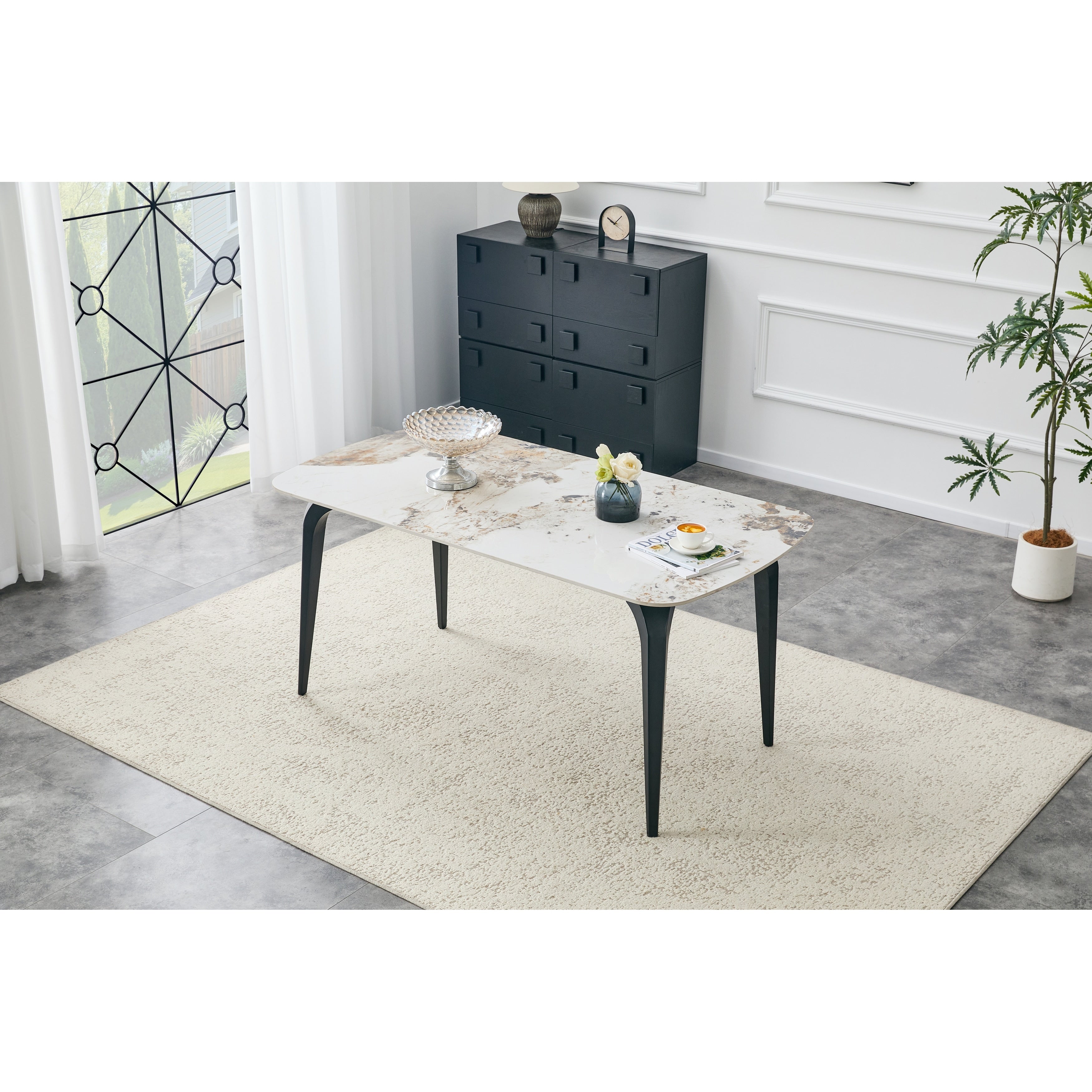 Modern Rectangular Dining Table Sintered Stone Tabletop With Sturdy Metal Base Heat Resistant Scratch Resistant Dining Table