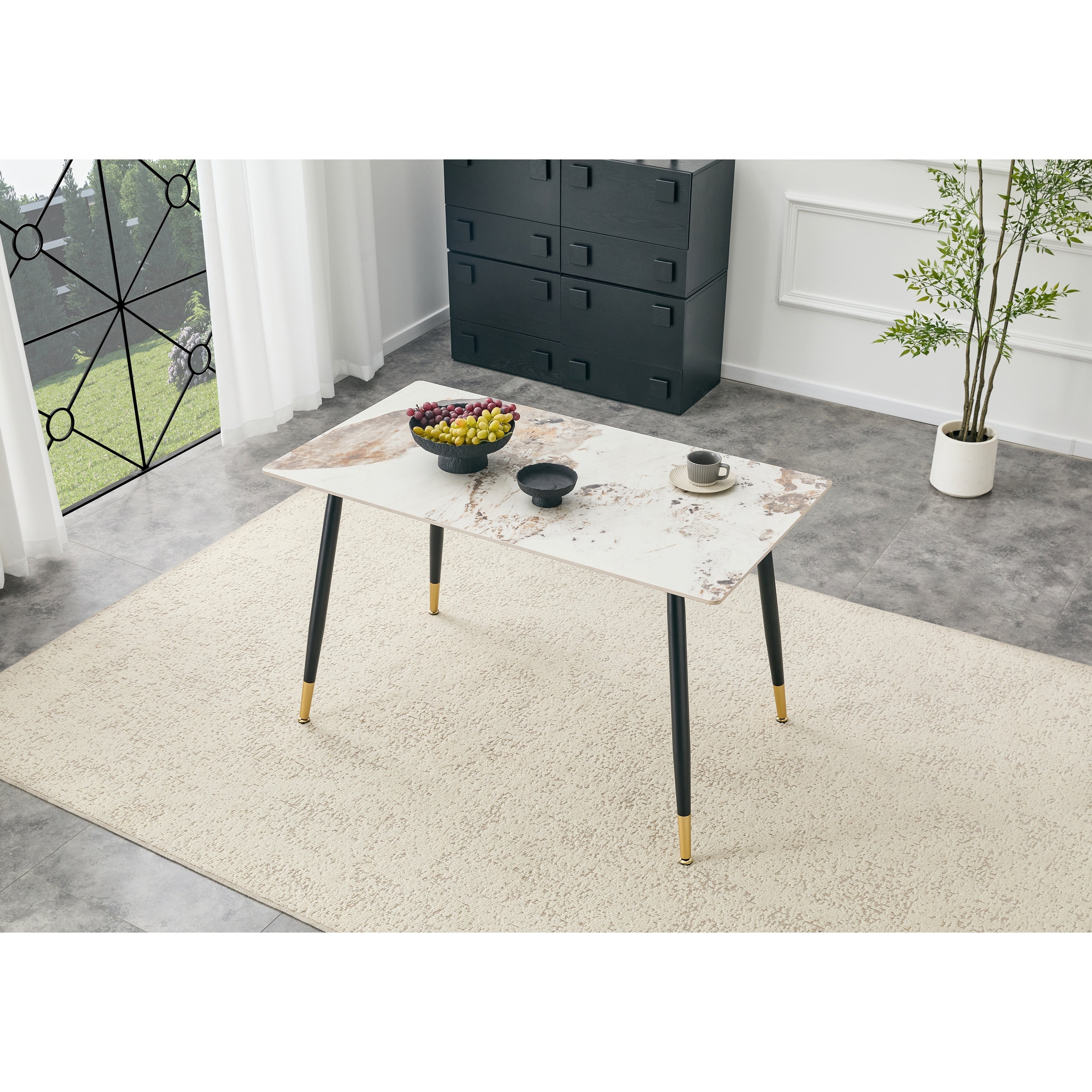 Modern Rectangular Dining Table Sintered Stone Tabletop With Sturdy Metal Base Heat Resistant Scratch Resistant Dining Table