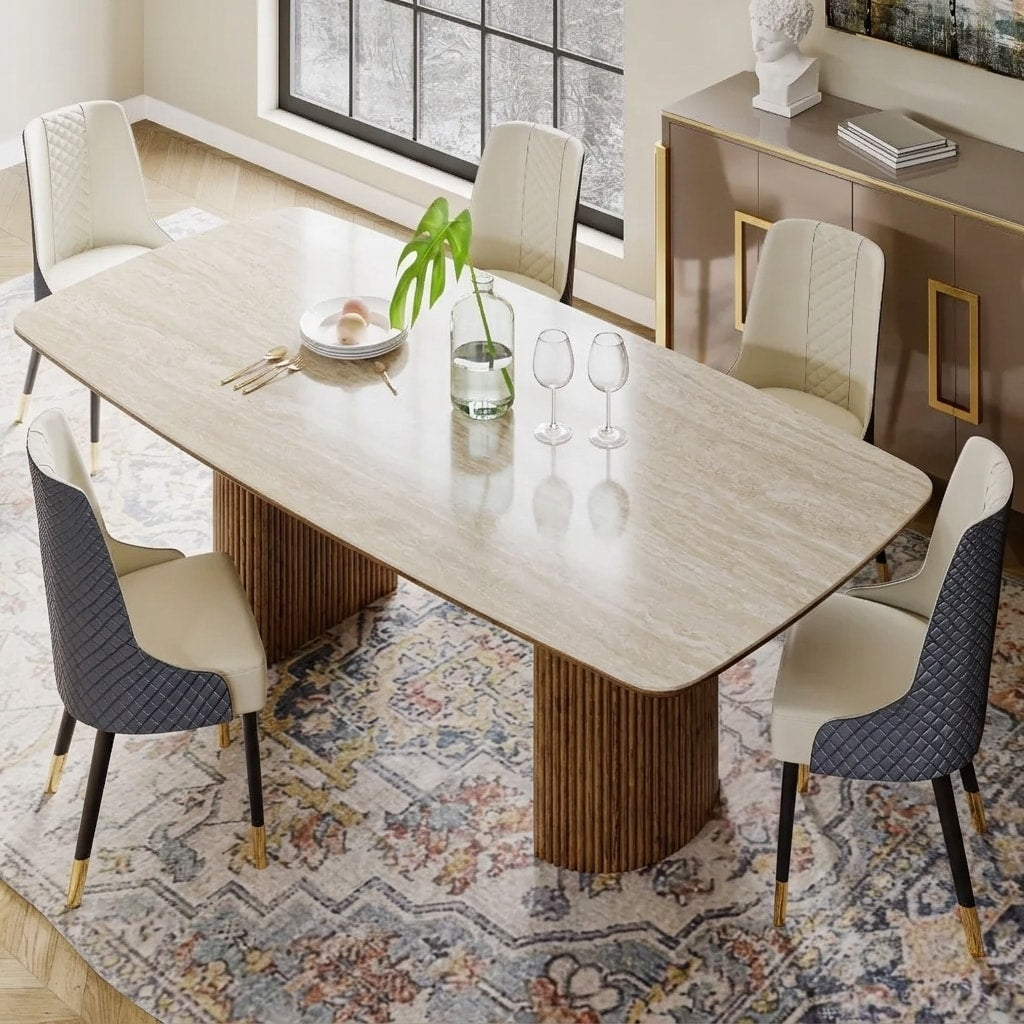 Modern Rectangular Sintered Stone Dining Table With Fluted Wood Pedestal Base 70.87 W X 35.43 L X 29.53 H