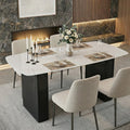 Modern Rectangular Tempered Glass Dining Table Marble Patterned Design With Black Dual Pedestal Metal Base For Dining Room