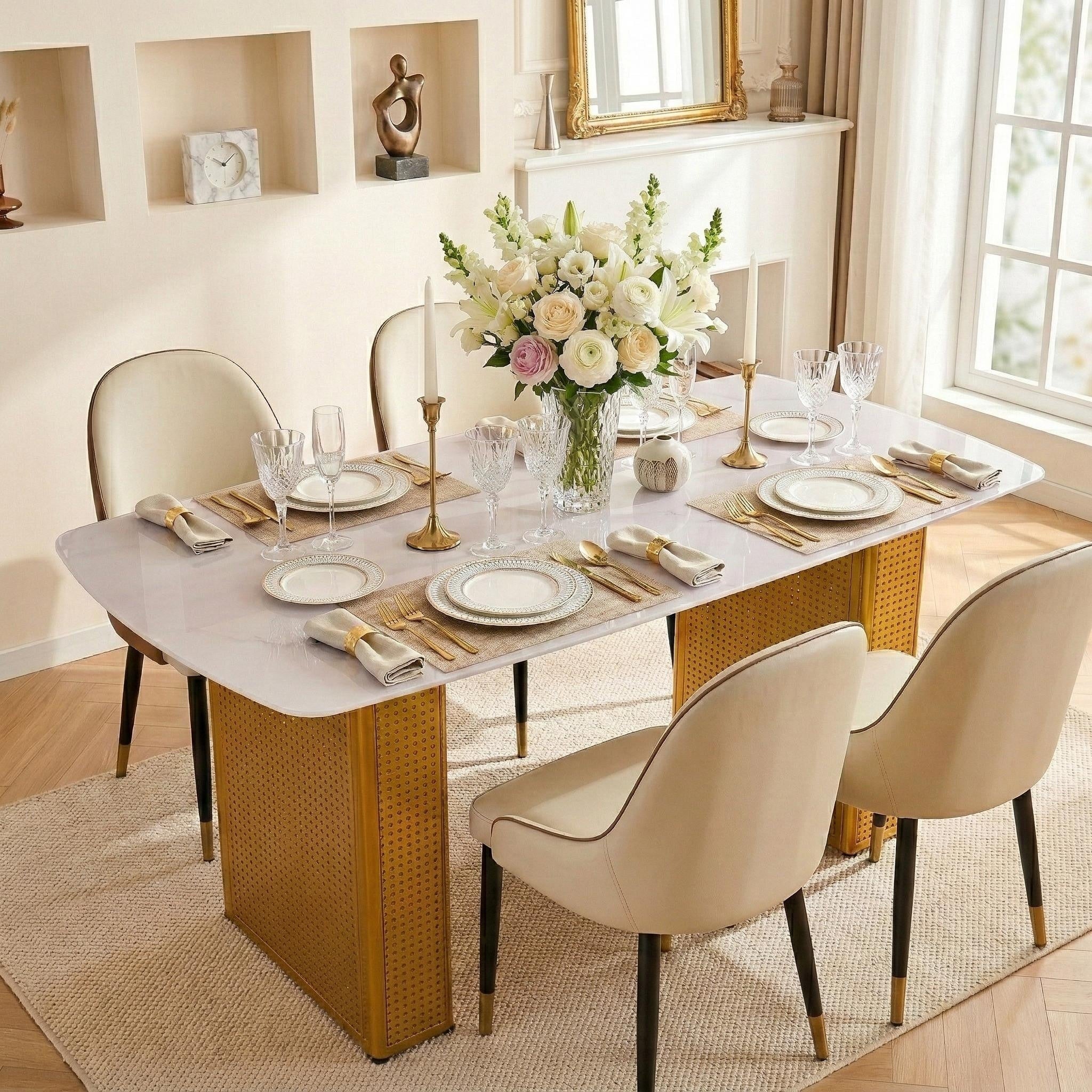 Modern Rectangular Tempered Glass Dining Table Marble Patterned Design With Gold Dual Pedestal Metal Base For Dining Room