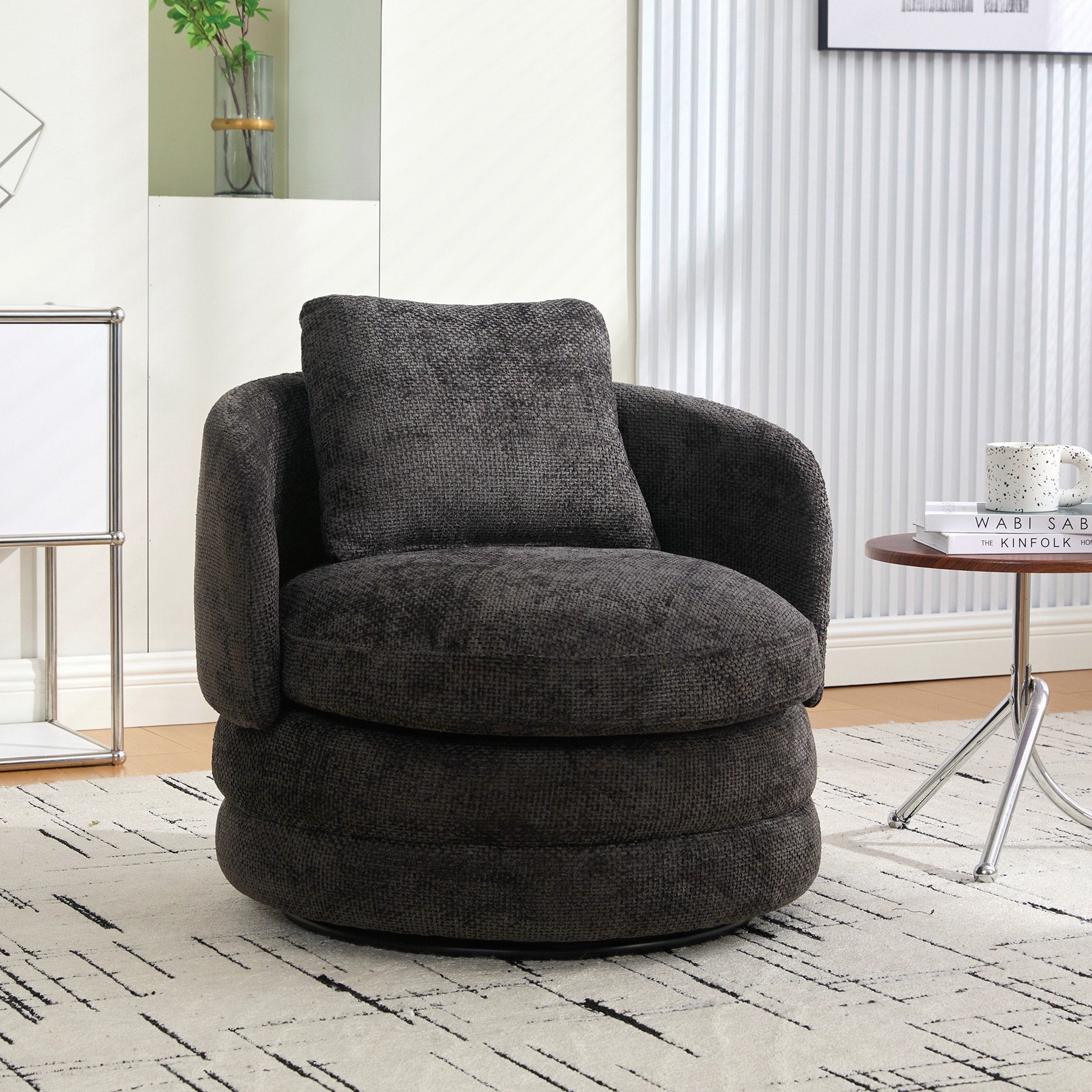 Modern Round 360 Swivel Barrel Accent Chair With Pillow Upholstered Comfy Barrel Armchair Single Club Sofa Chair