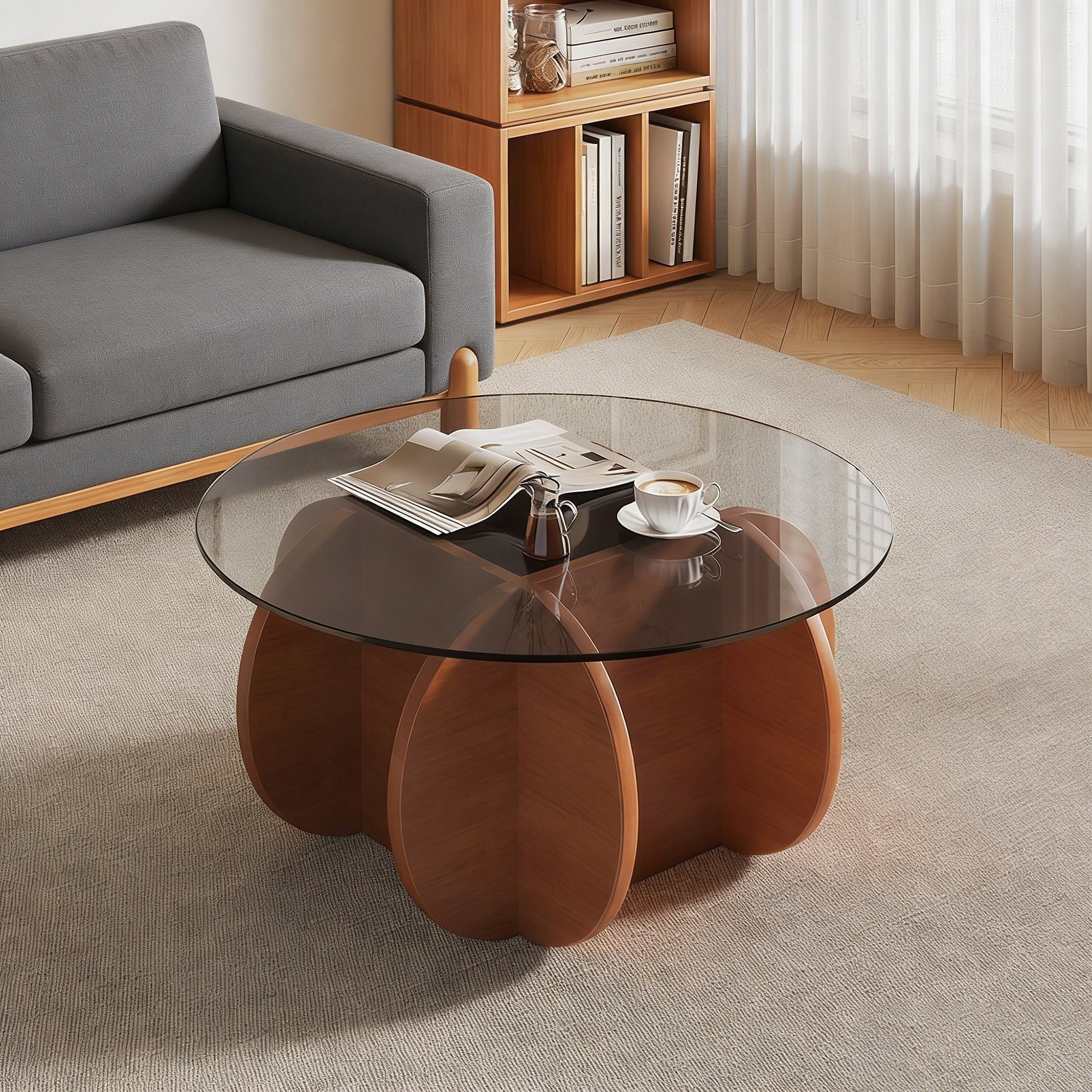 Modern Round Coffee Table For Living Room Mid Century Center Table With Tempered Glass Top And Wood Walnut
