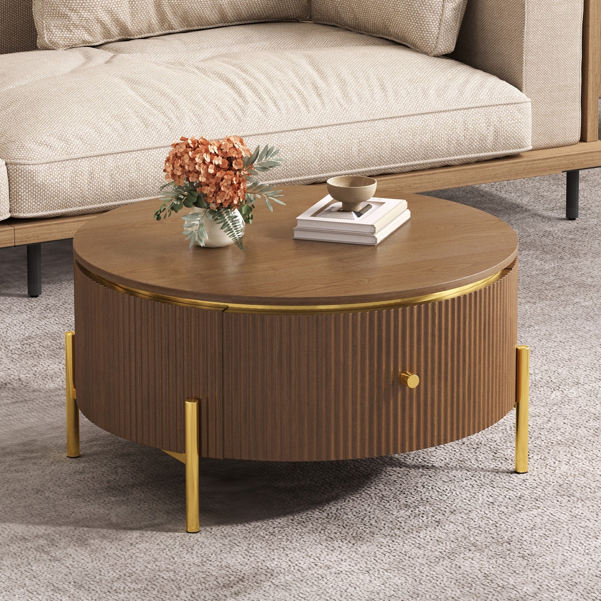 Modern Round Coffee Table With 2 Drawers Accent Table Side Table Cocktail Table End Table With Metal Legs