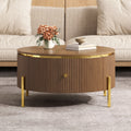 Modern Round Coffee Table With 2 Large Drawers Storage Accent Table Brown 31.5