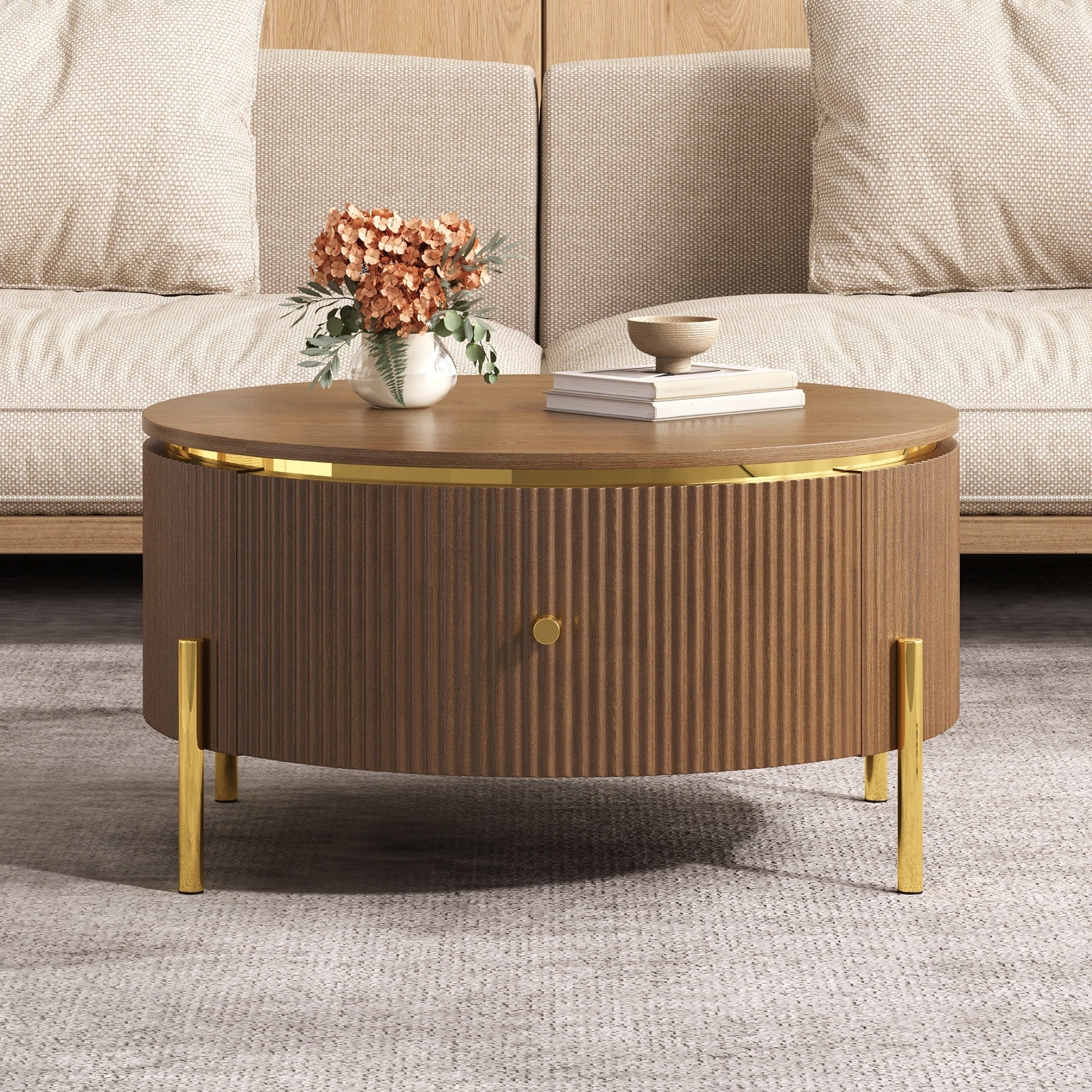 Modern Round Coffee Table With 2 Large Drawers Storage Accent Table Brown 31.5