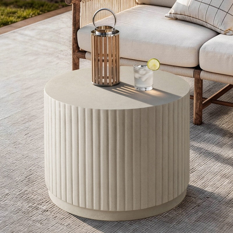 Modern Round Fluted Drum Magnesium Oxide End Table