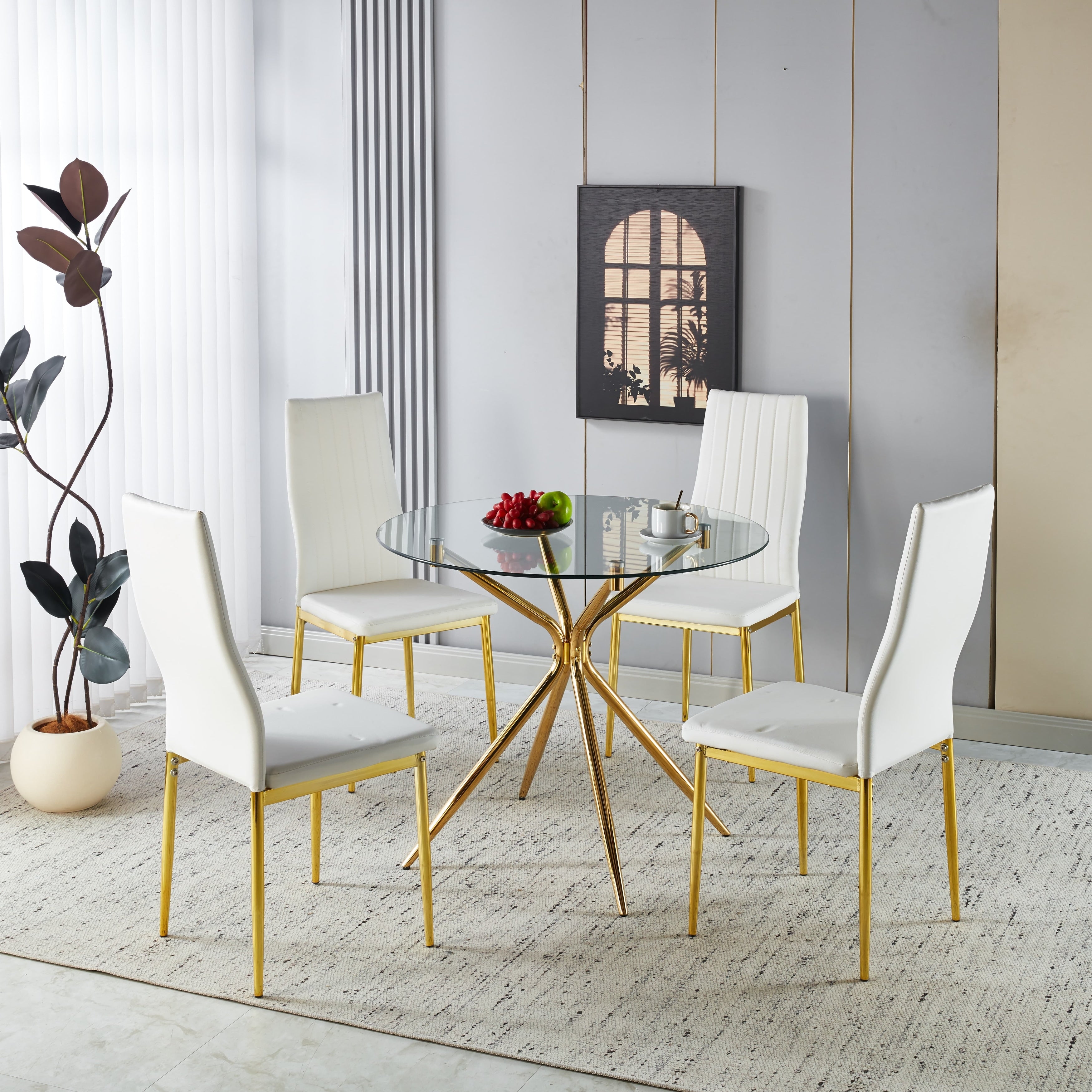 Modern Round Glass Dining Table 2 To 4 Person Kitchen Table With Tempered Glass Top Metal Legs For Dining Room Living Room