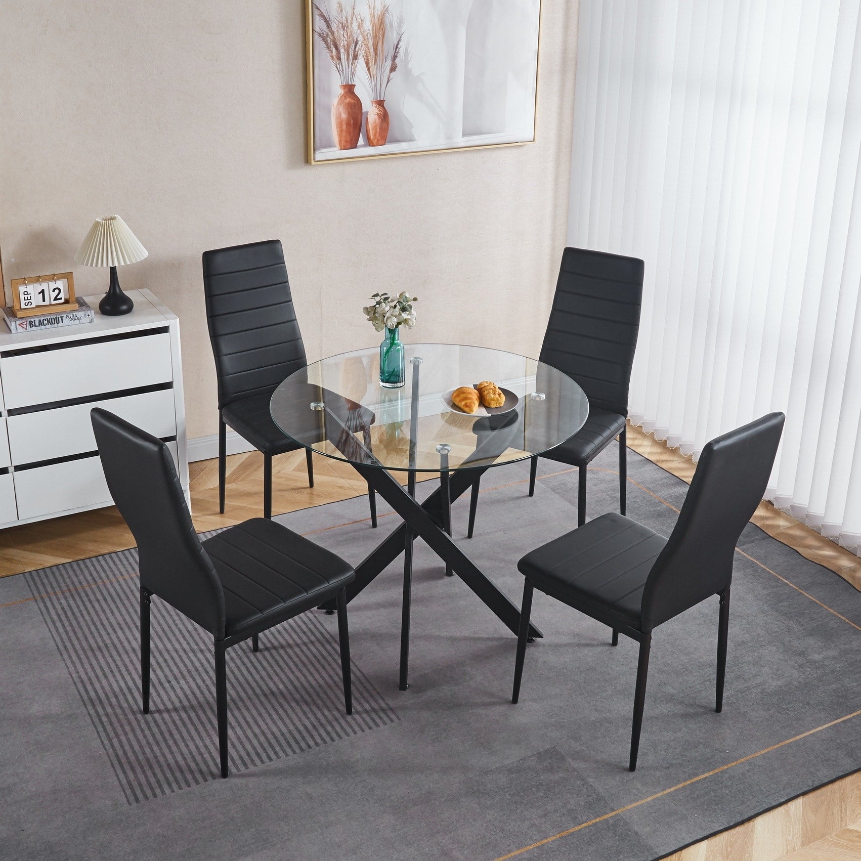 Modern Round Glass Dining Table For 2 To 4 Person Circle Kitchen Table With Tempered Glass Top And Cross Metal Legs