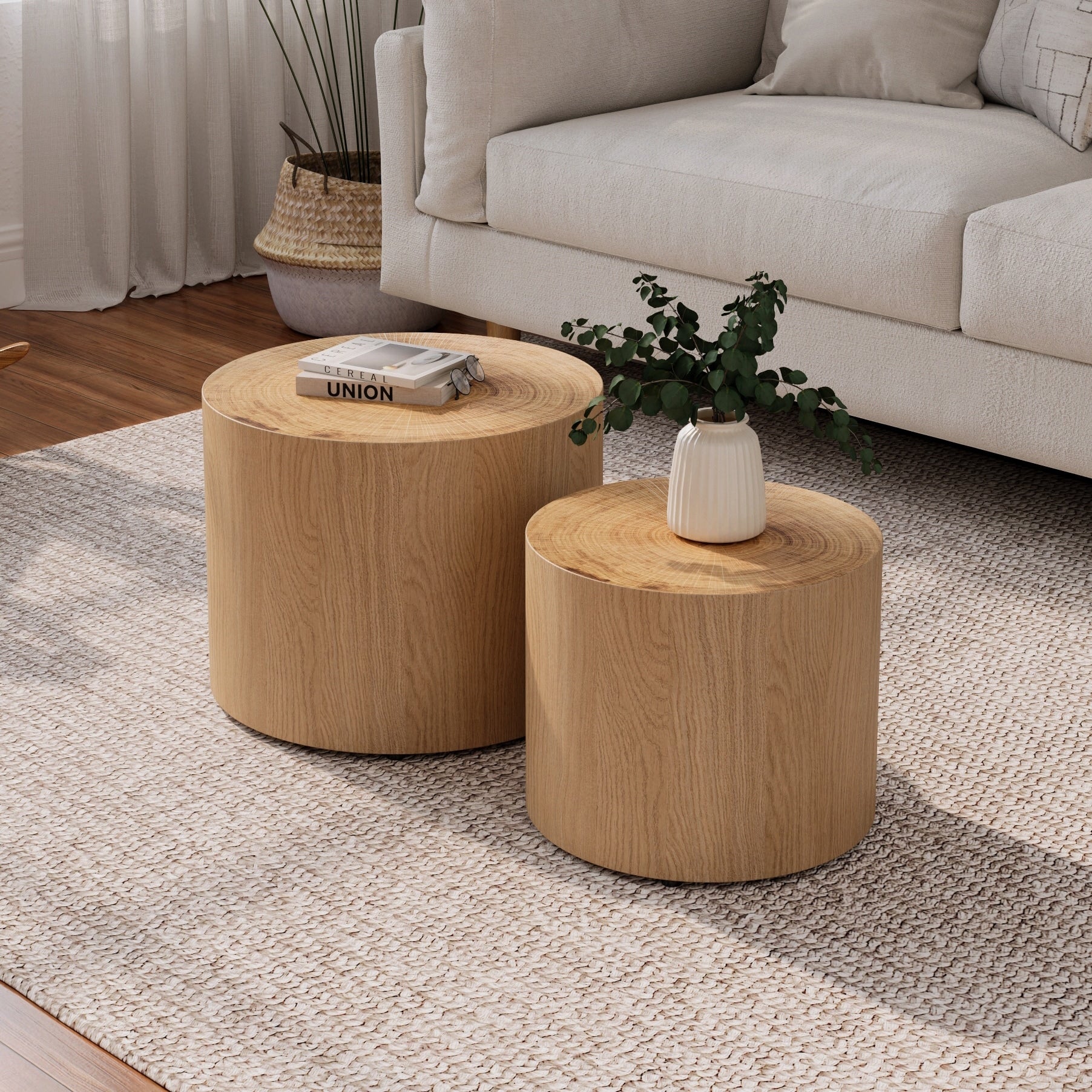 Modern Round Nesting Coffee Table Set Of 2 Wooden Drum Accent Tables For Small Spaces