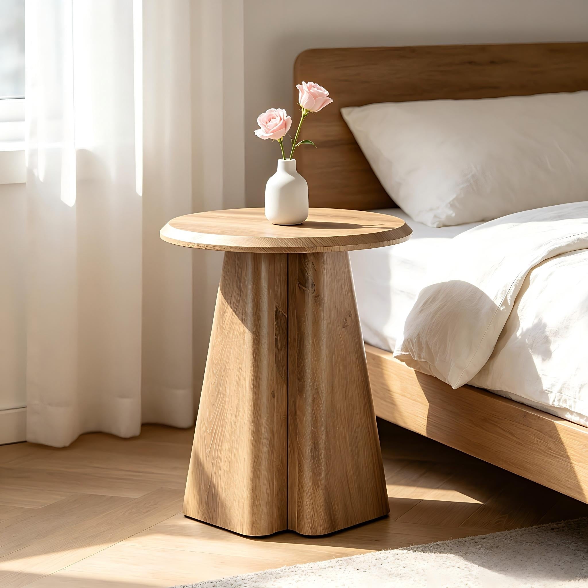Modern Round Nightstand With Fluted Pedestal Base Wooden Bedside Table For Bedroom Small Space