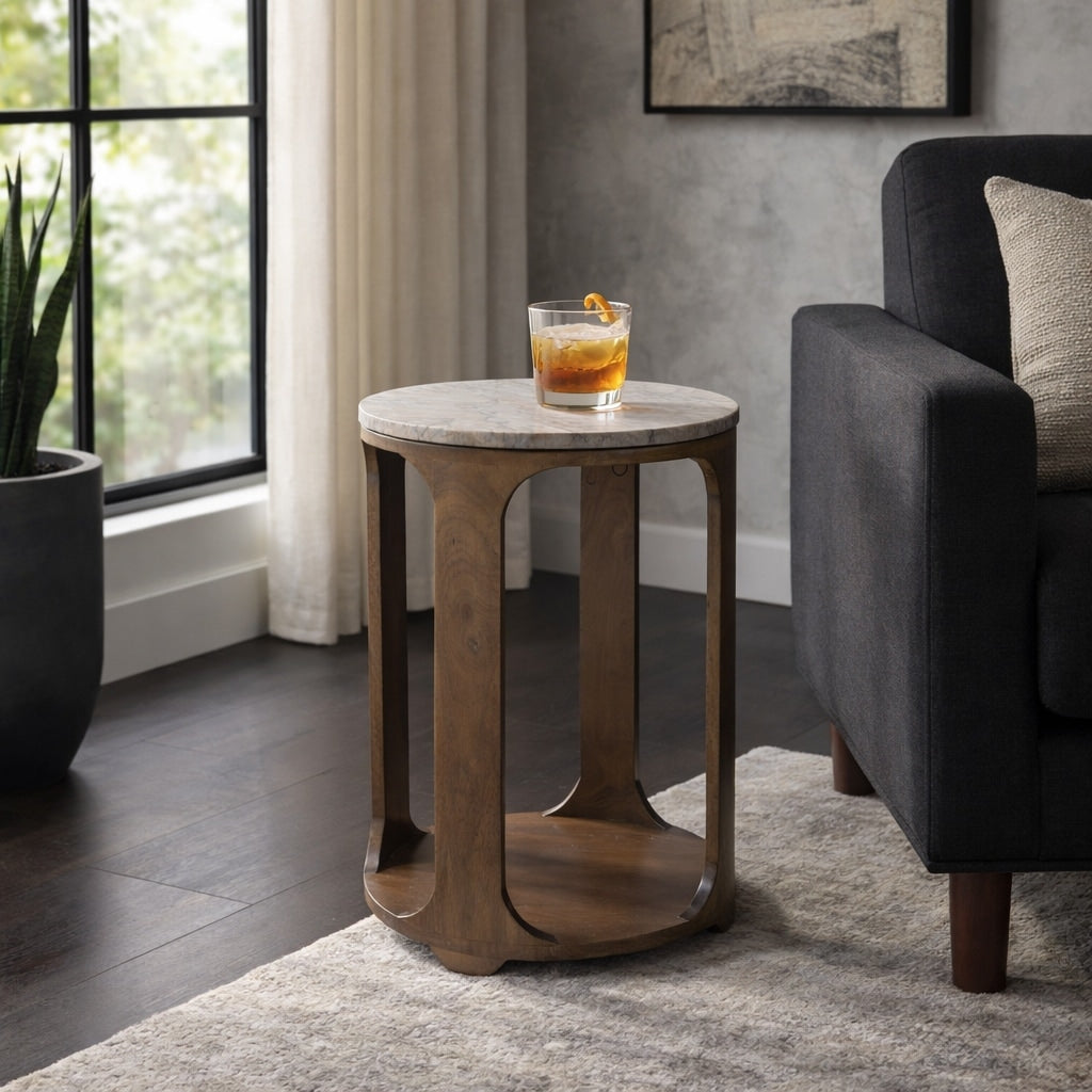 Modern Round Stone Top Accent End Side Table With Wood Base 22 22.25