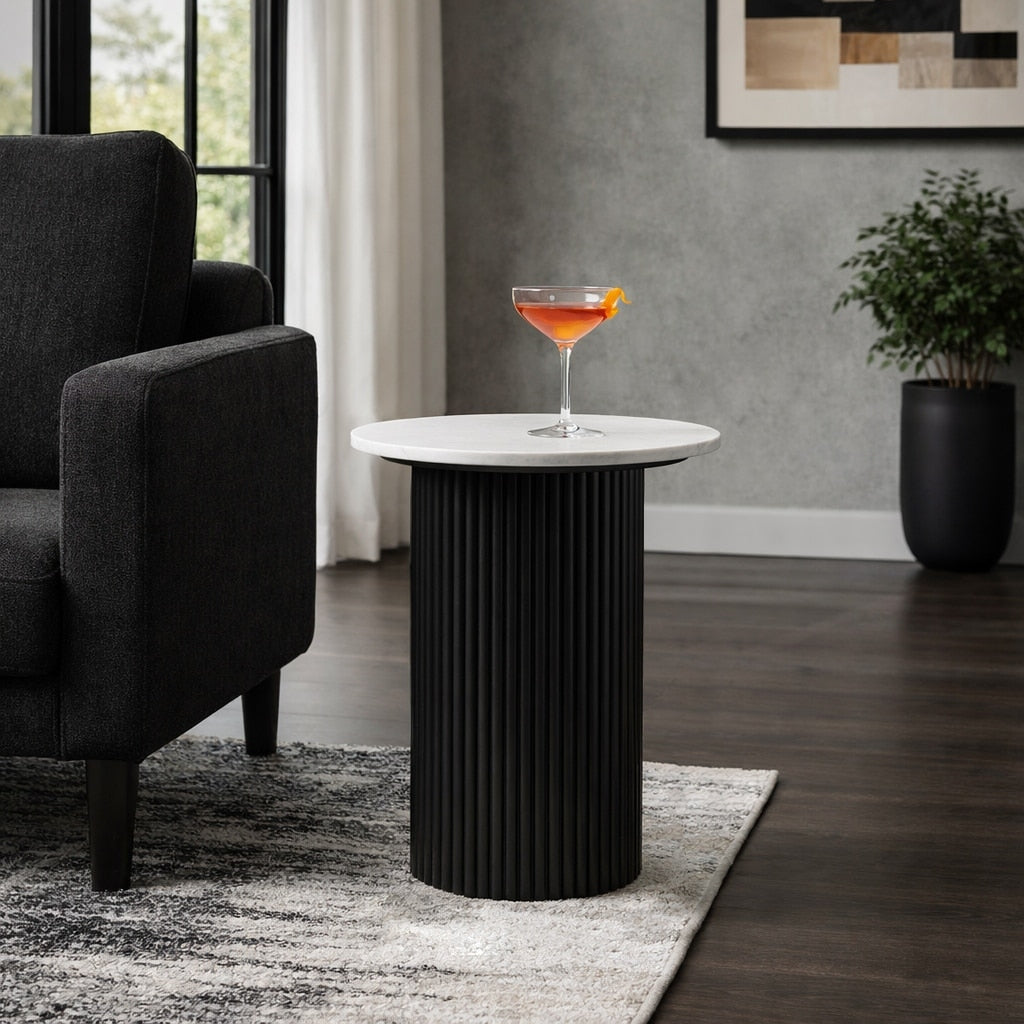 Modern Round Stone Top End Side Table With Mango Wood Base 22 22.25
